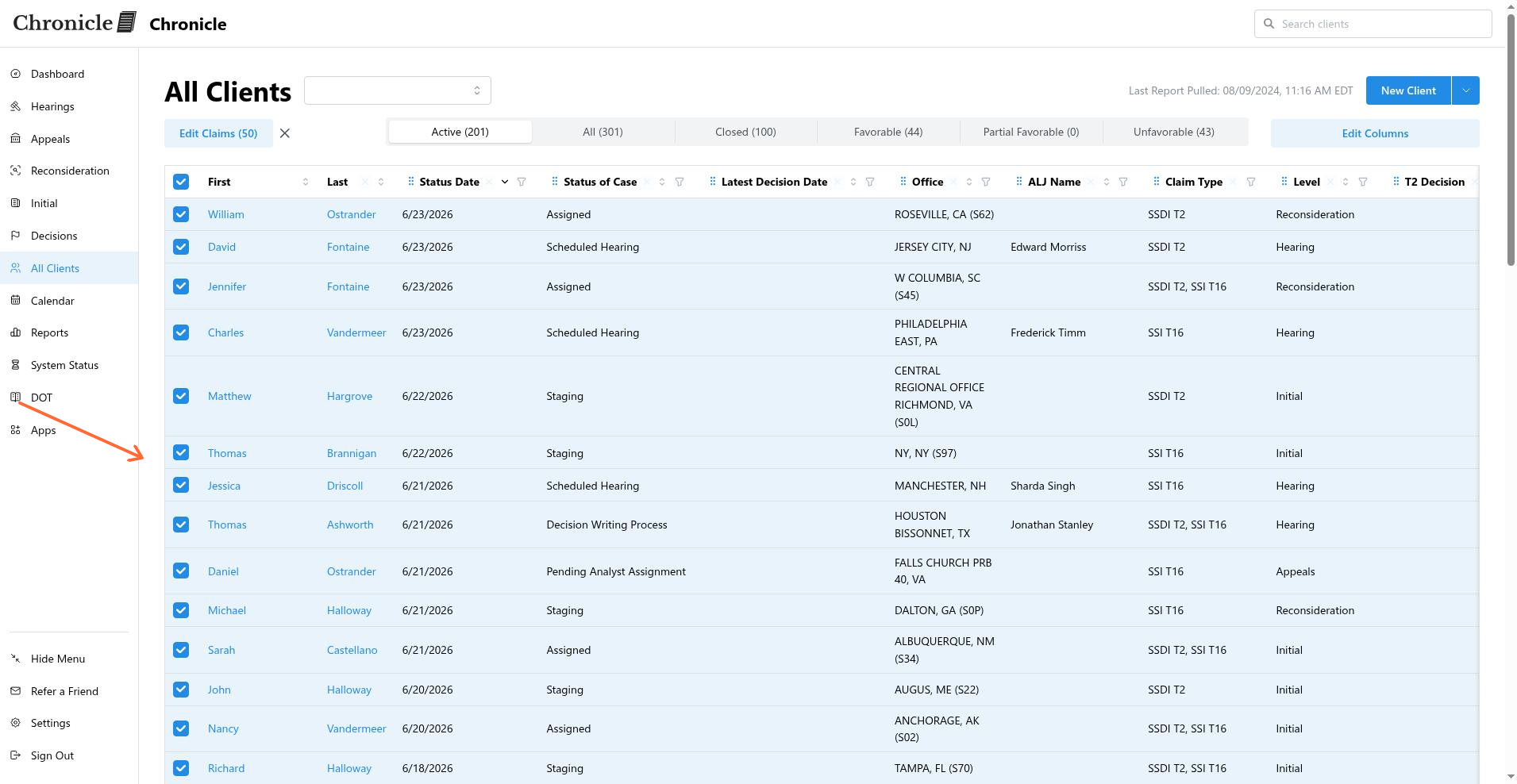 Table with SSN and ALJ Name columns hidden