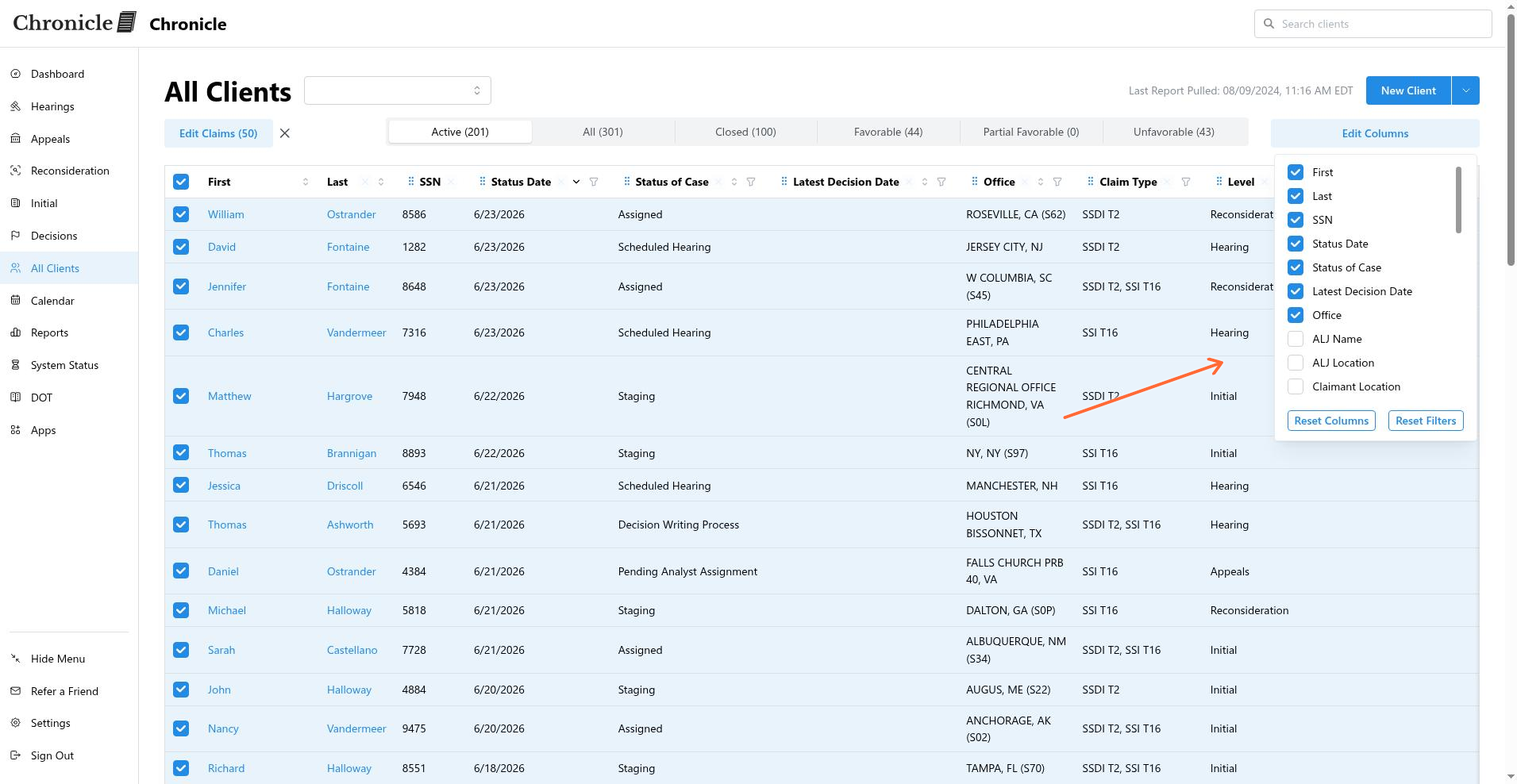 Edit Columns picker with all columns restored