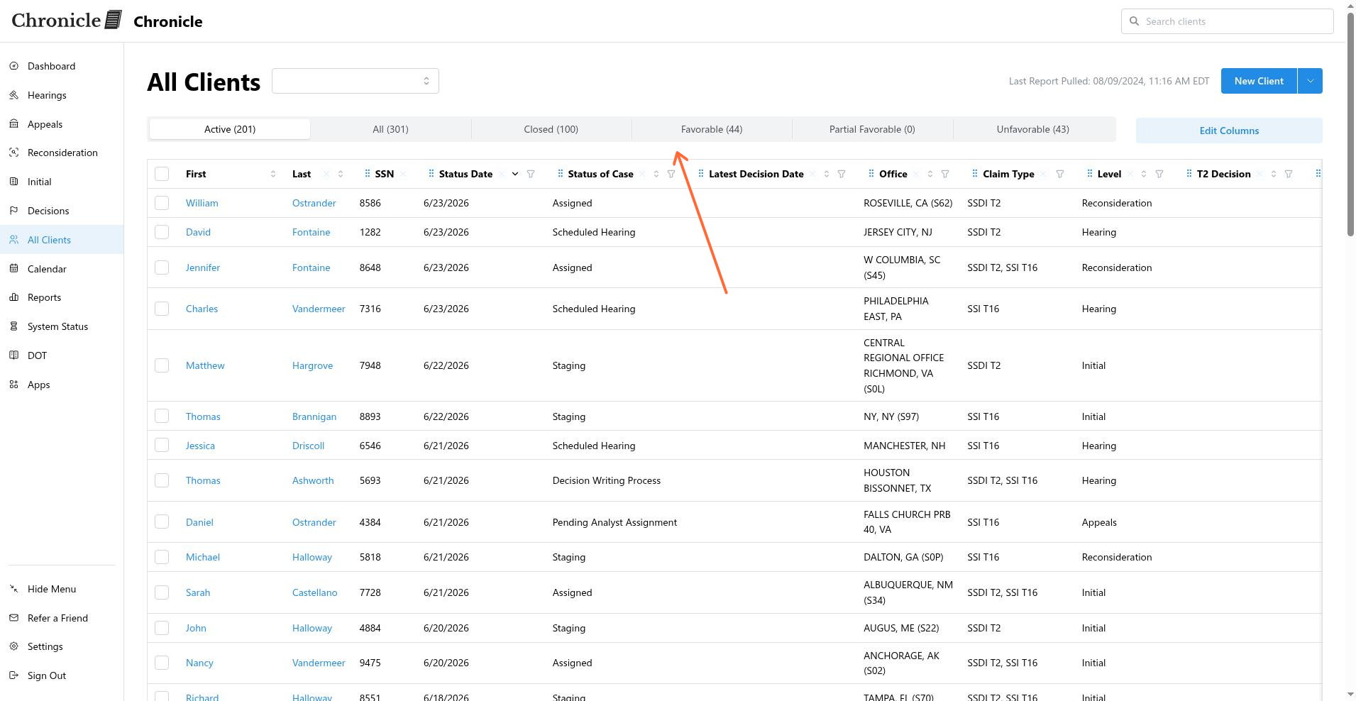 Filter input area showing status radio buttons and search field