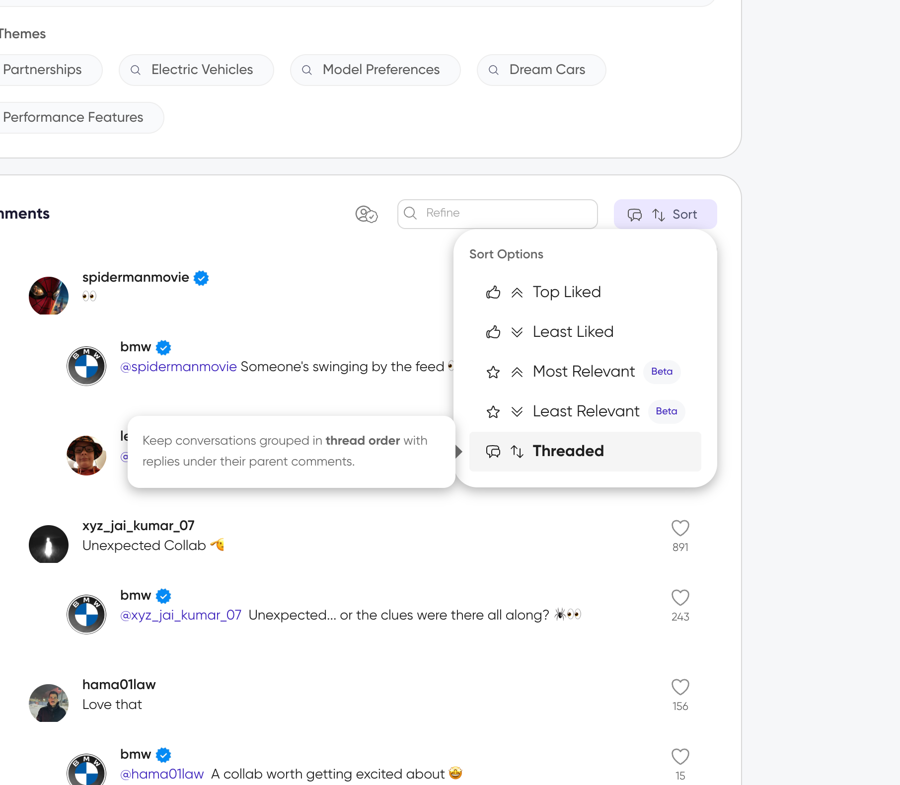 Filtered analysis showing brand comment threads