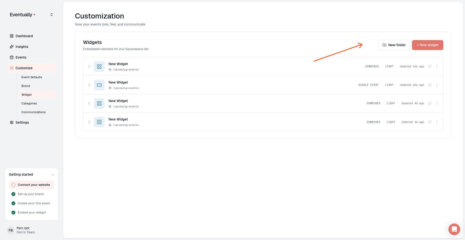 The Widgets page showing New folder and New widget buttons