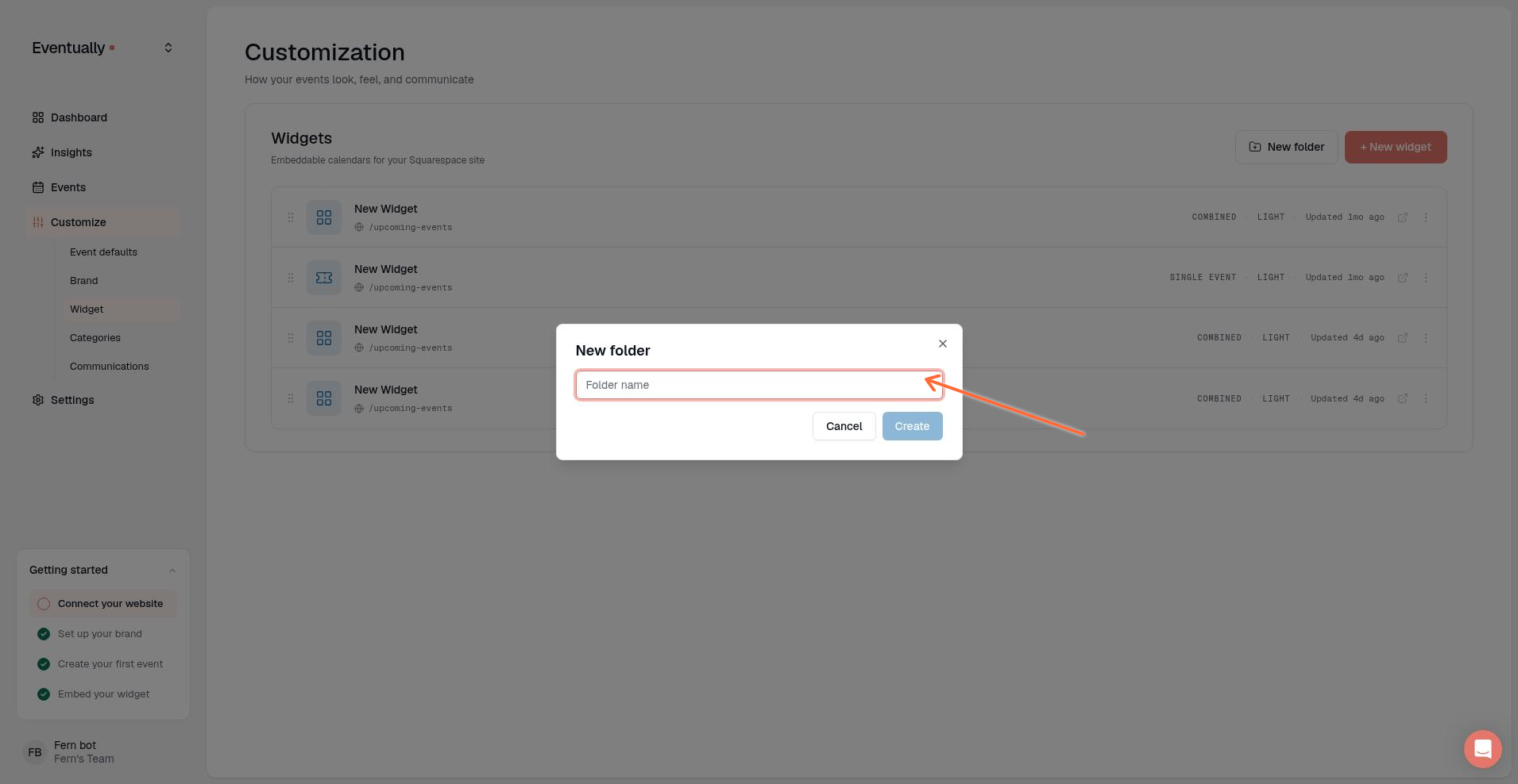 The New folder modal with a folder name field and Create button