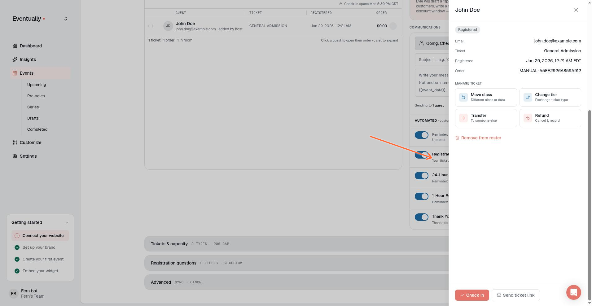 The attendee detail modal showing status badge, ticket type, order ID, and action buttons