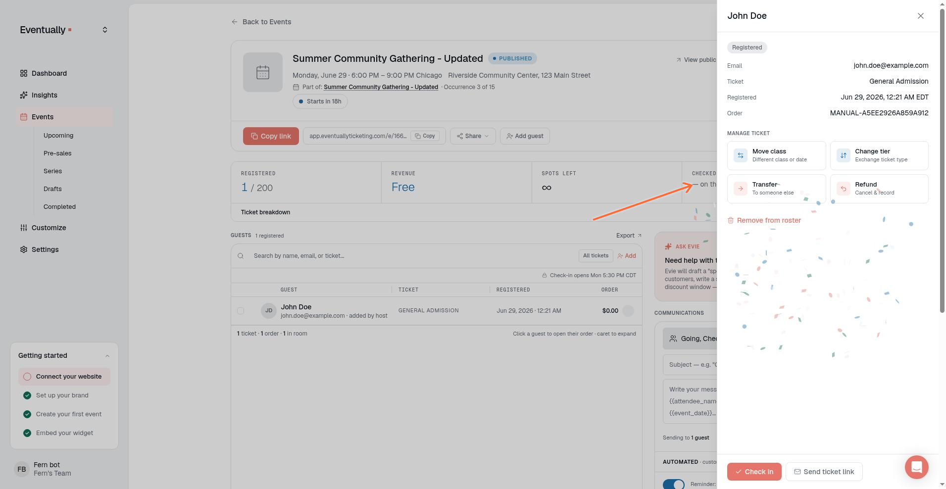 The attendee detail modal with the Transfer button under Manage ticket highlighted