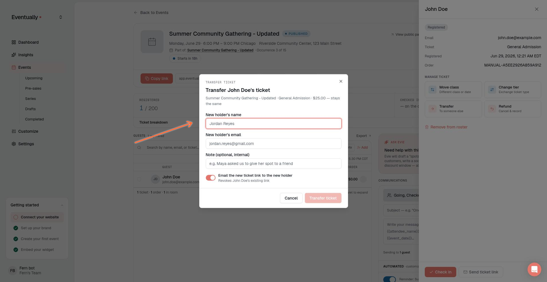The Transfer ticket modal showing the New holder's name input field