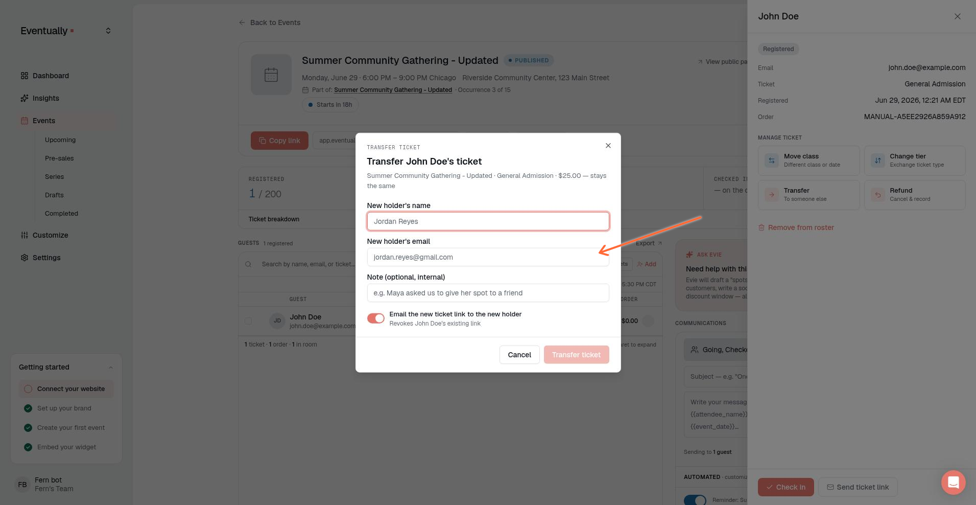The Transfer ticket modal showing the New holder's email input field