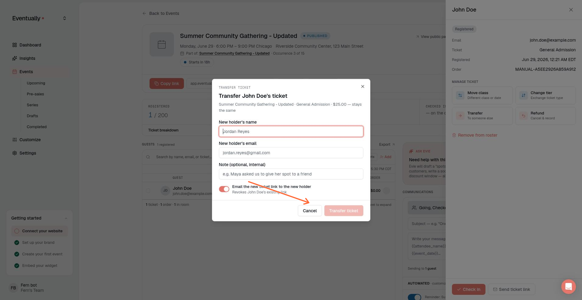 The Transfer ticket modal showing the Transfer ticket button at the bottom