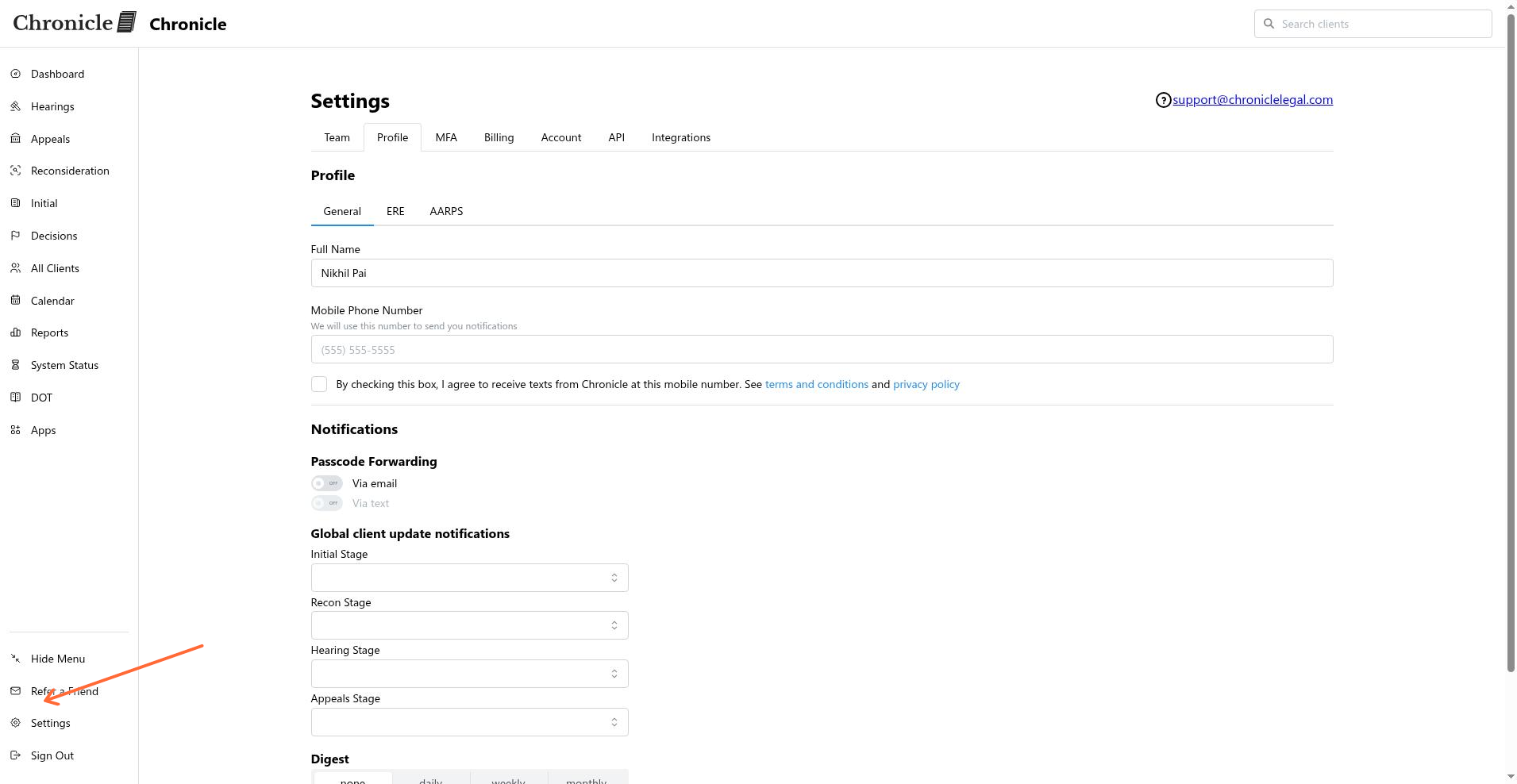 Settings > Profile > General tab with passcode forwarding section visible