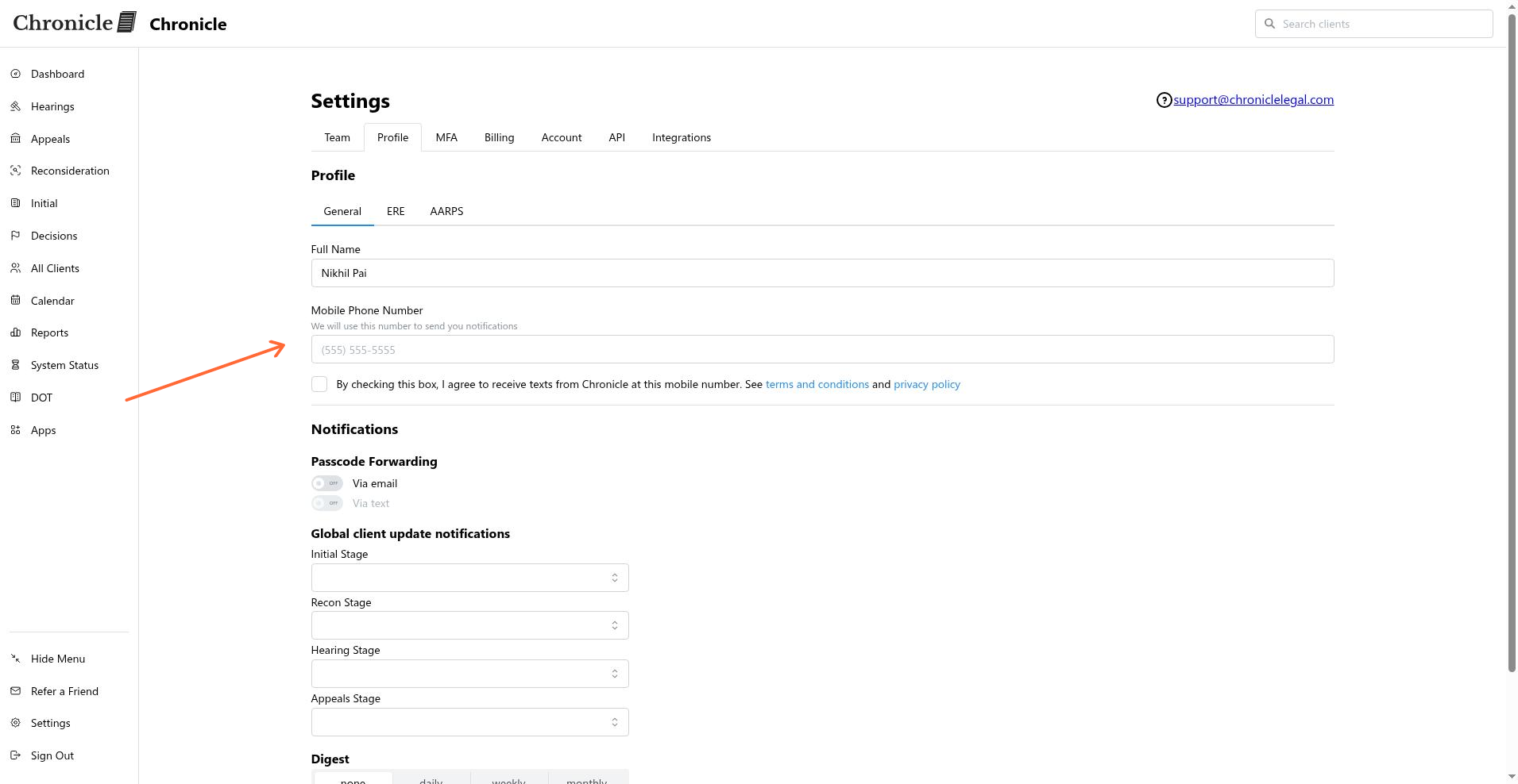 Mobile Phone Number input field in the passcode forwarding section