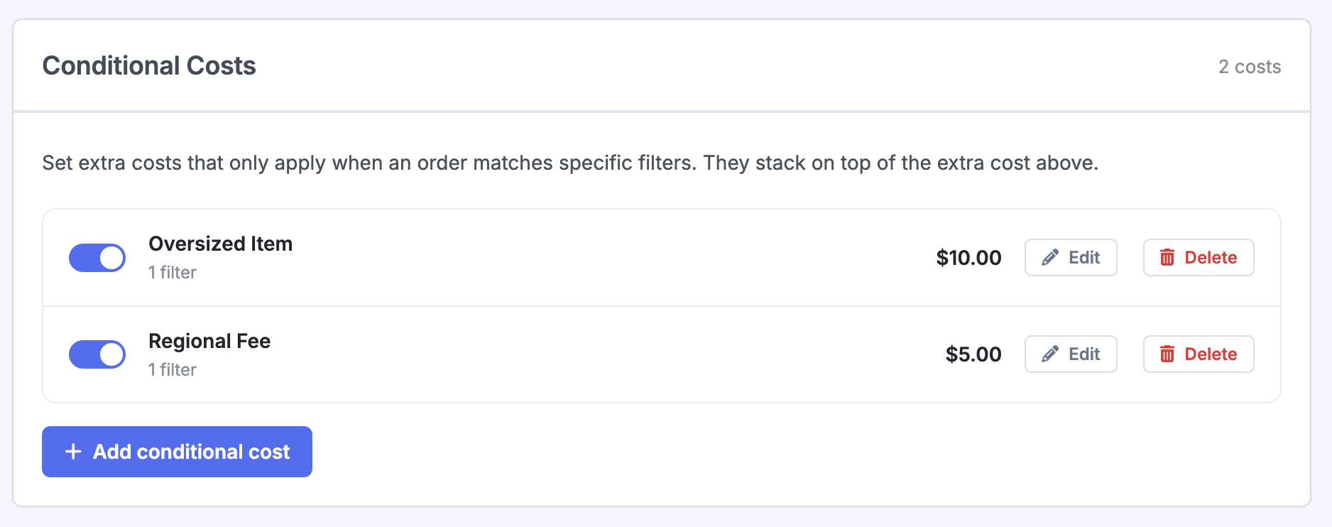 Conditional extra cost form with name, fixed cost, percentage cost, and enabled toggle