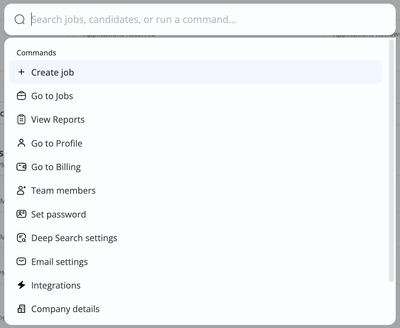 Command palette overlay showing commands list including Create job and Go to Jobs