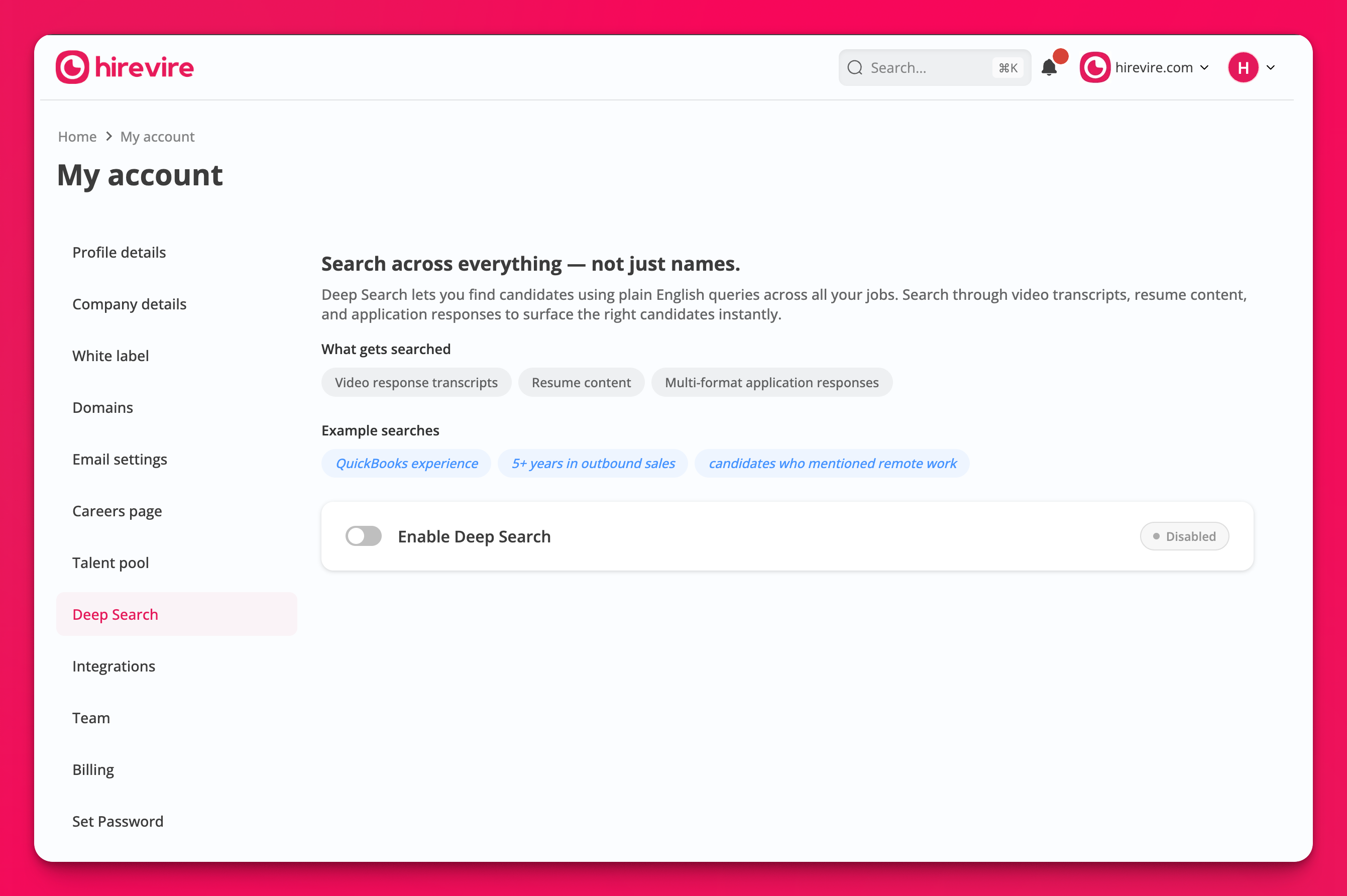 My account page showing the Deep Search settings toggle and example search queries