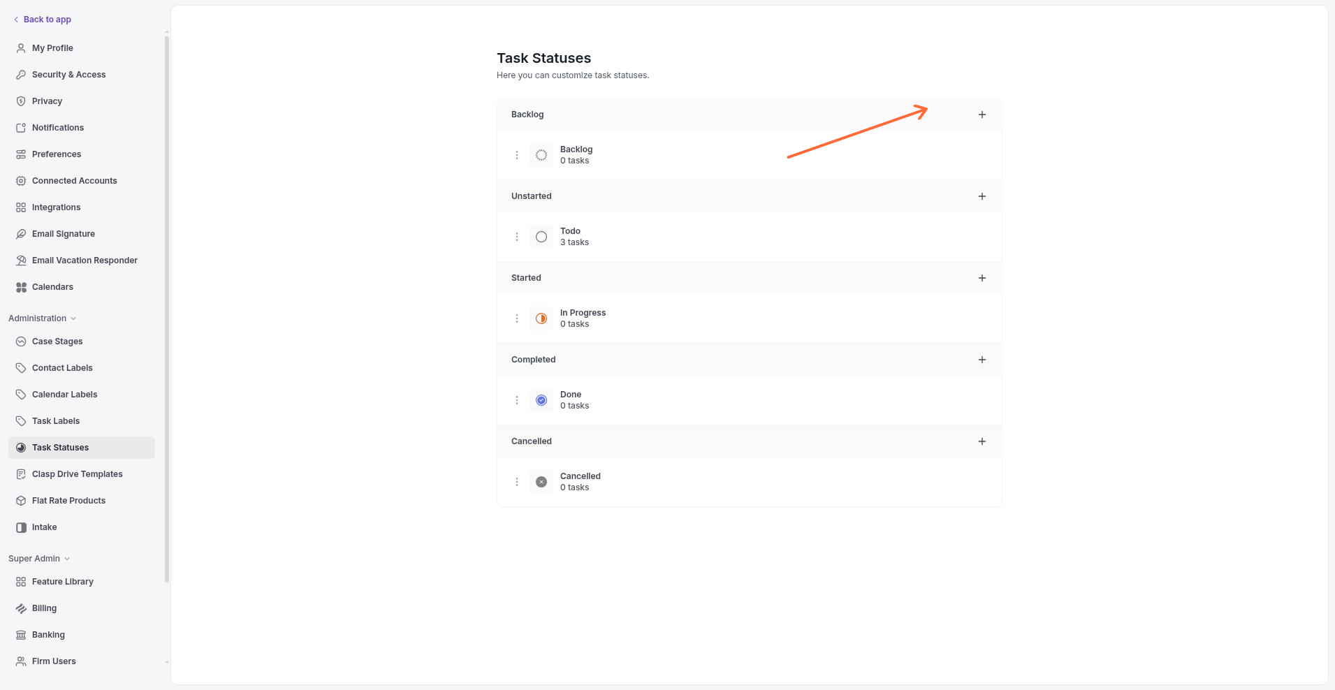 The Task Statuses settings page showing the five categories with default and custom statuses and Add status buttons.