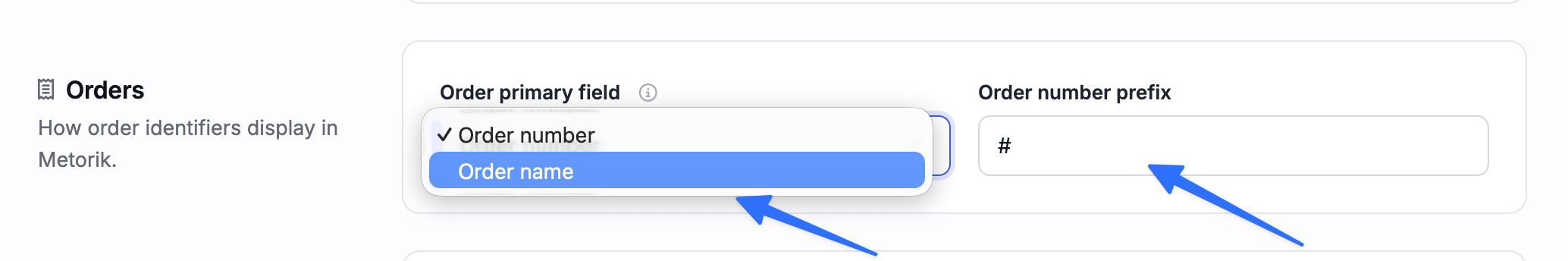 Store settings showing the Order primary field dropdown and Order number prefix field