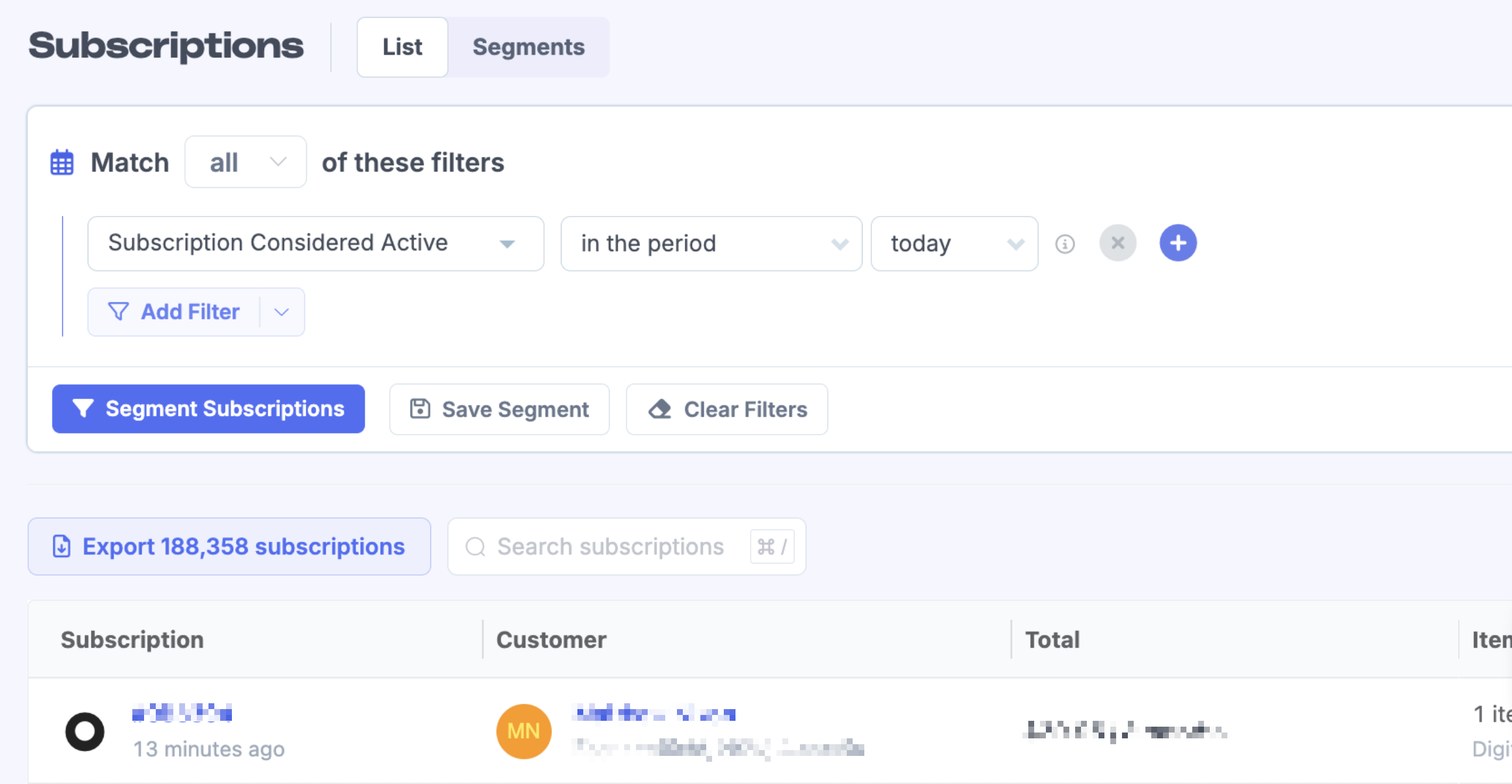Subscriptions page showing Subscription Considered Active filter set to today with 188,358 results