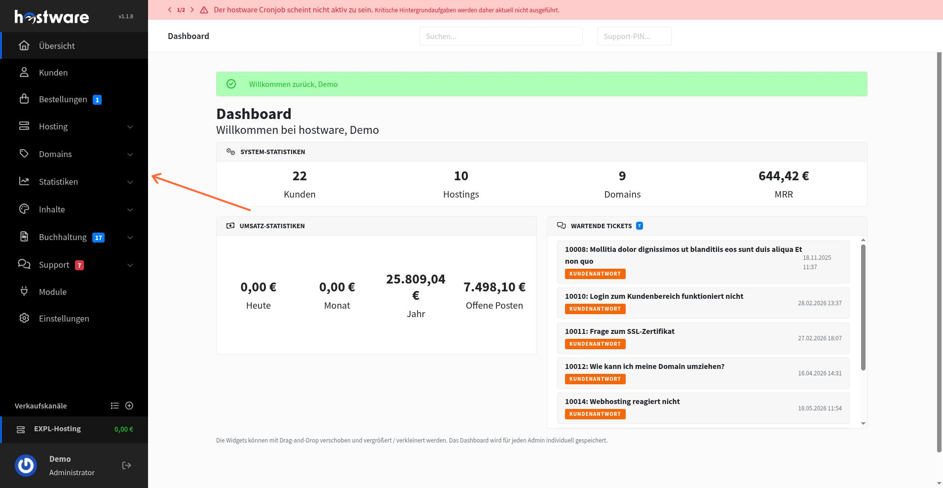 Hostware admin dashboard with navigation sidebar