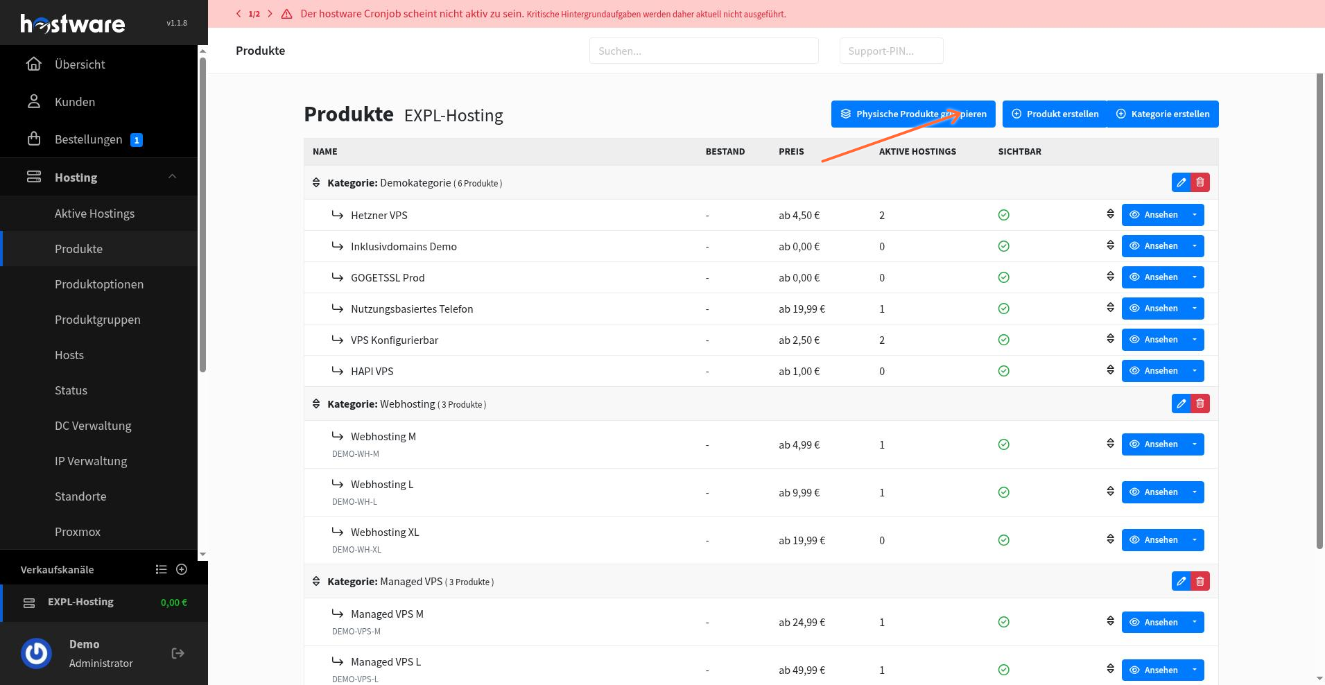 Product list page with create button highlighted