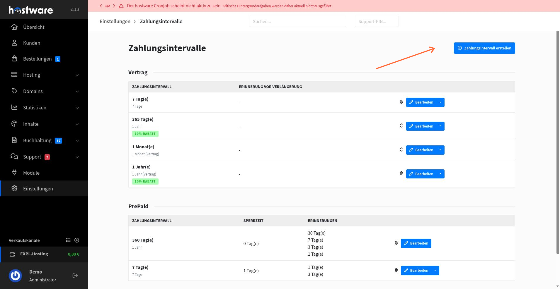 Payment intervals list page with create button