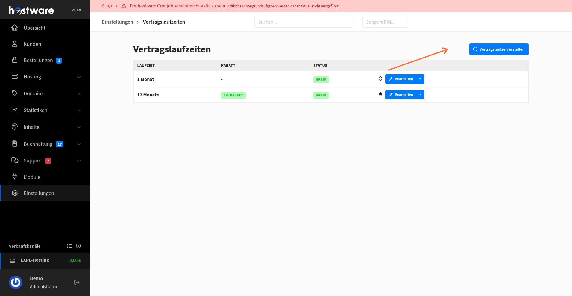 Contract terms list page with create button