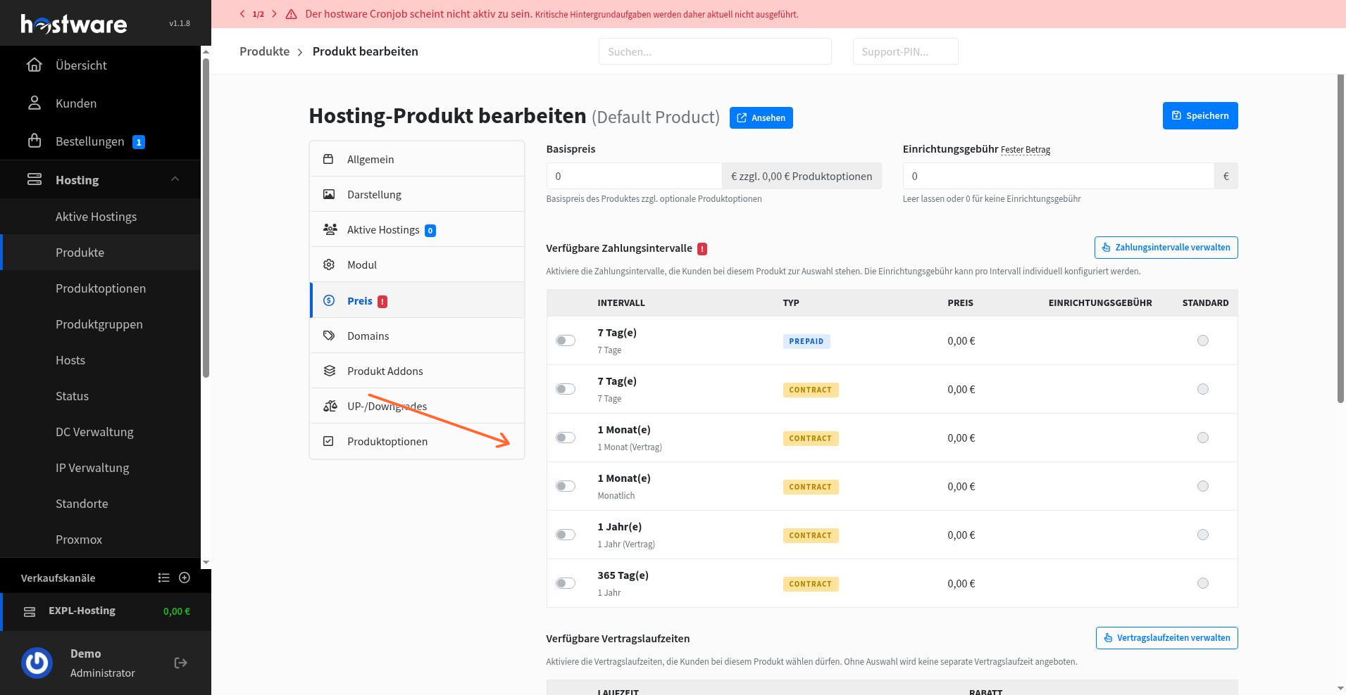 Product pricing tab with payment interval and contract term checkboxes