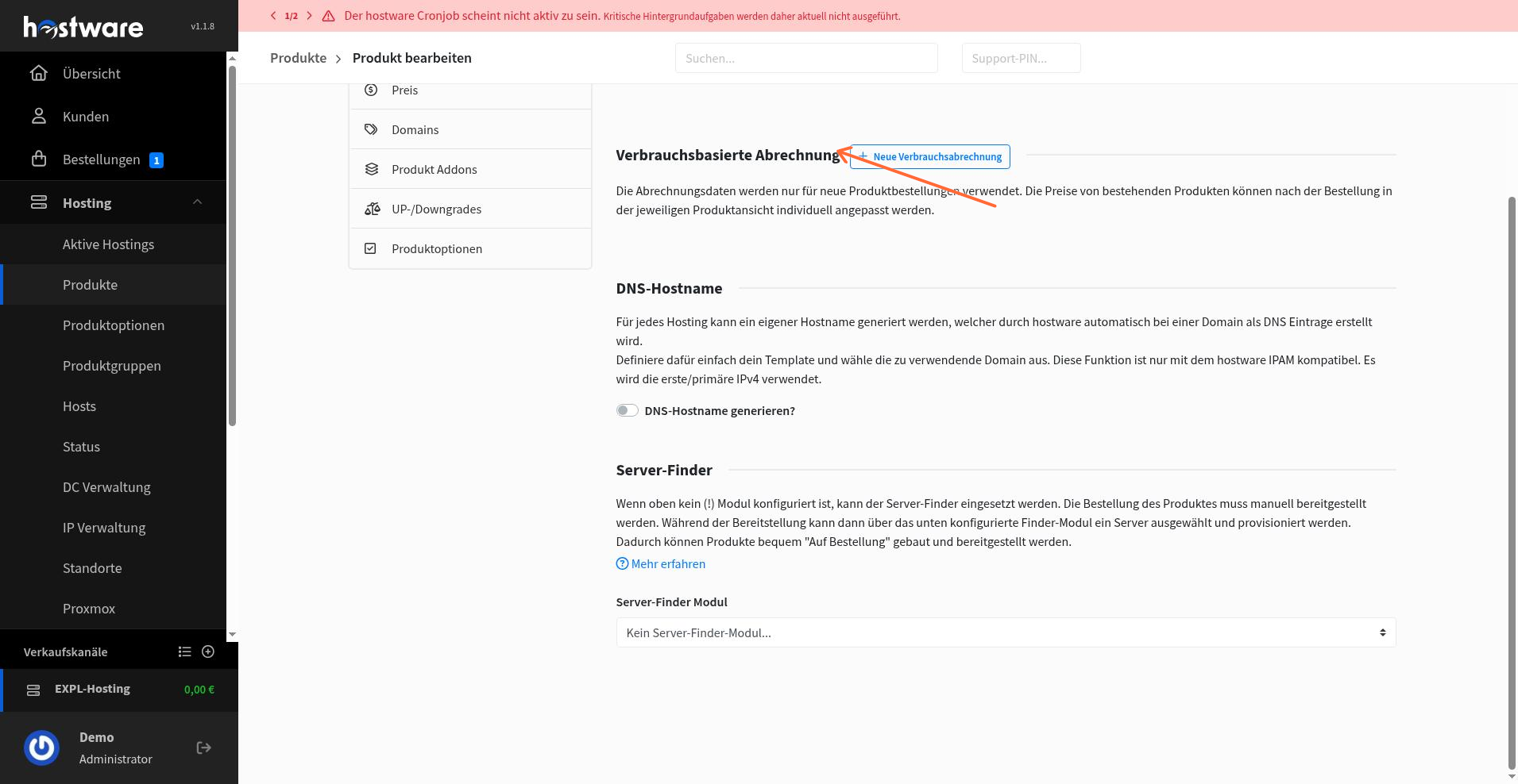 Product module tab with usage-based billing section