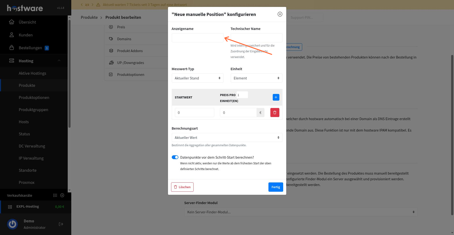Usage-based billing configuration modal with display name field