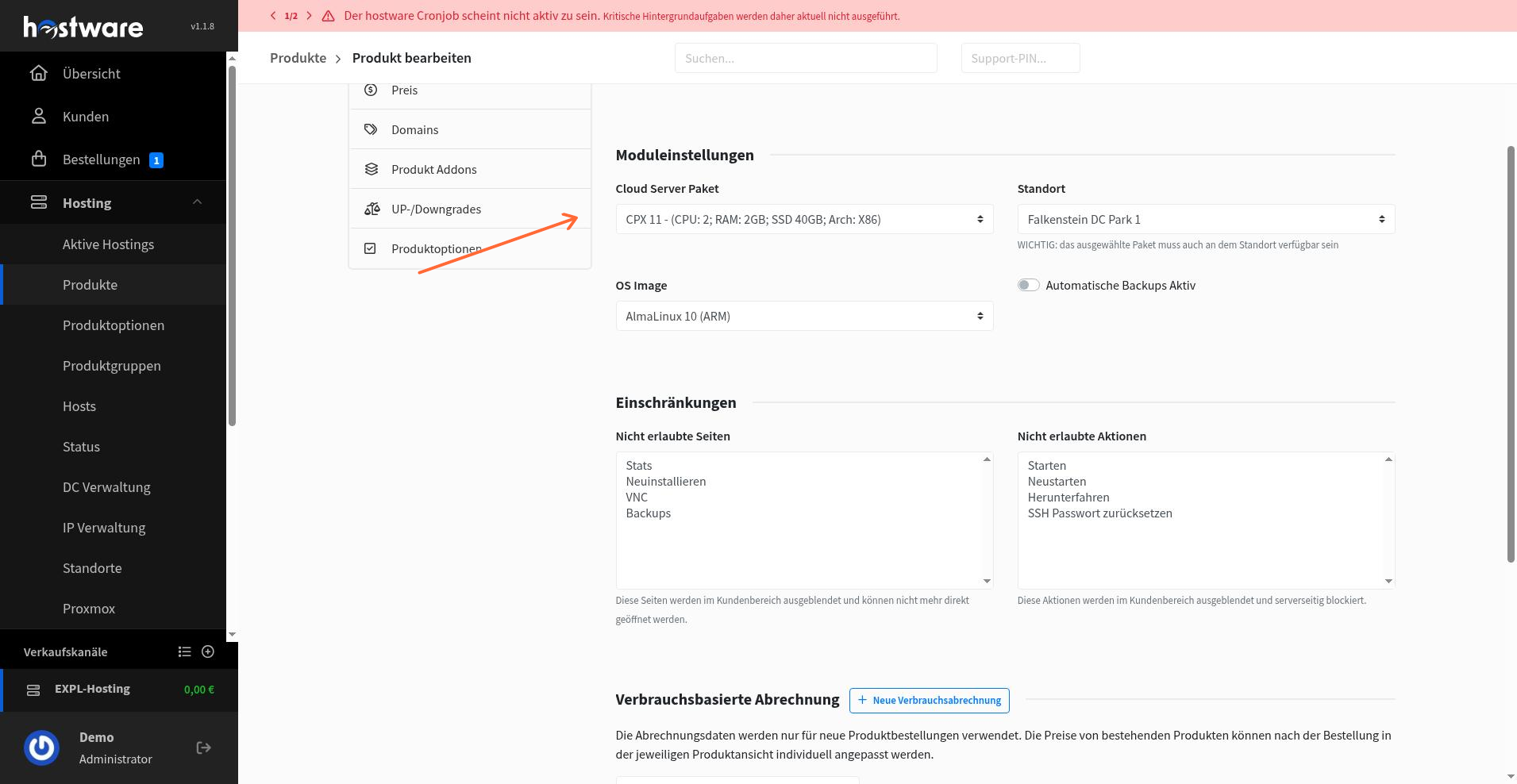 Hetzner module configuration on product with server package dropdown