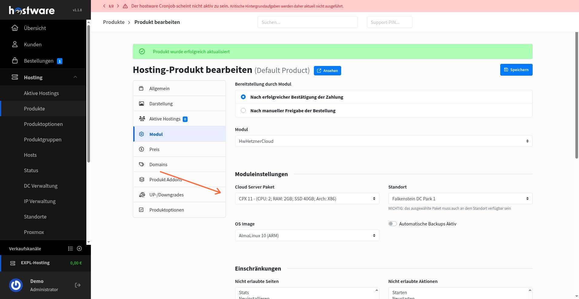 Saved Hetzner module configuration with selected server package