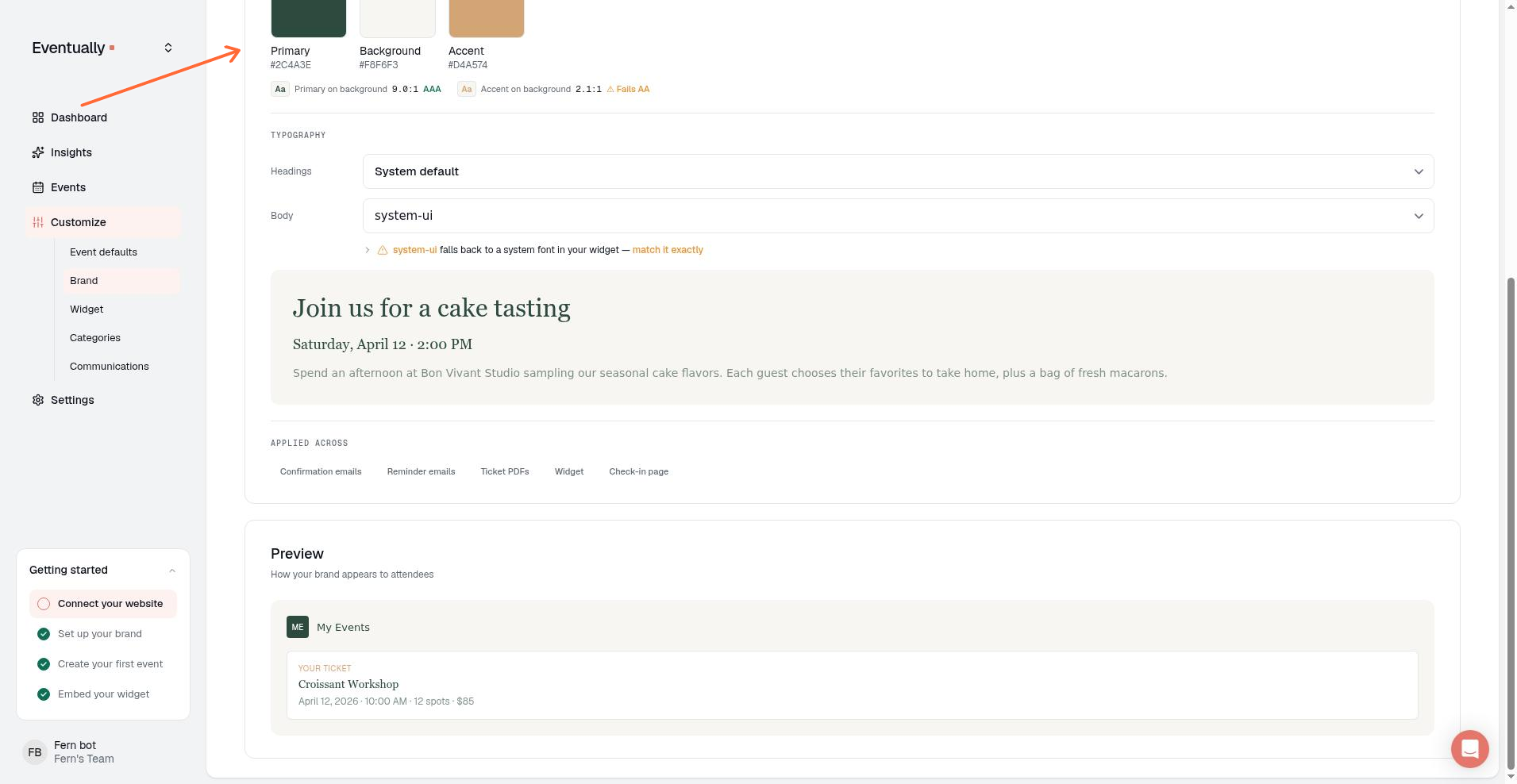 Brand settings page showing Colors In Use and Typography sections with five role-named color slots and contrast checks