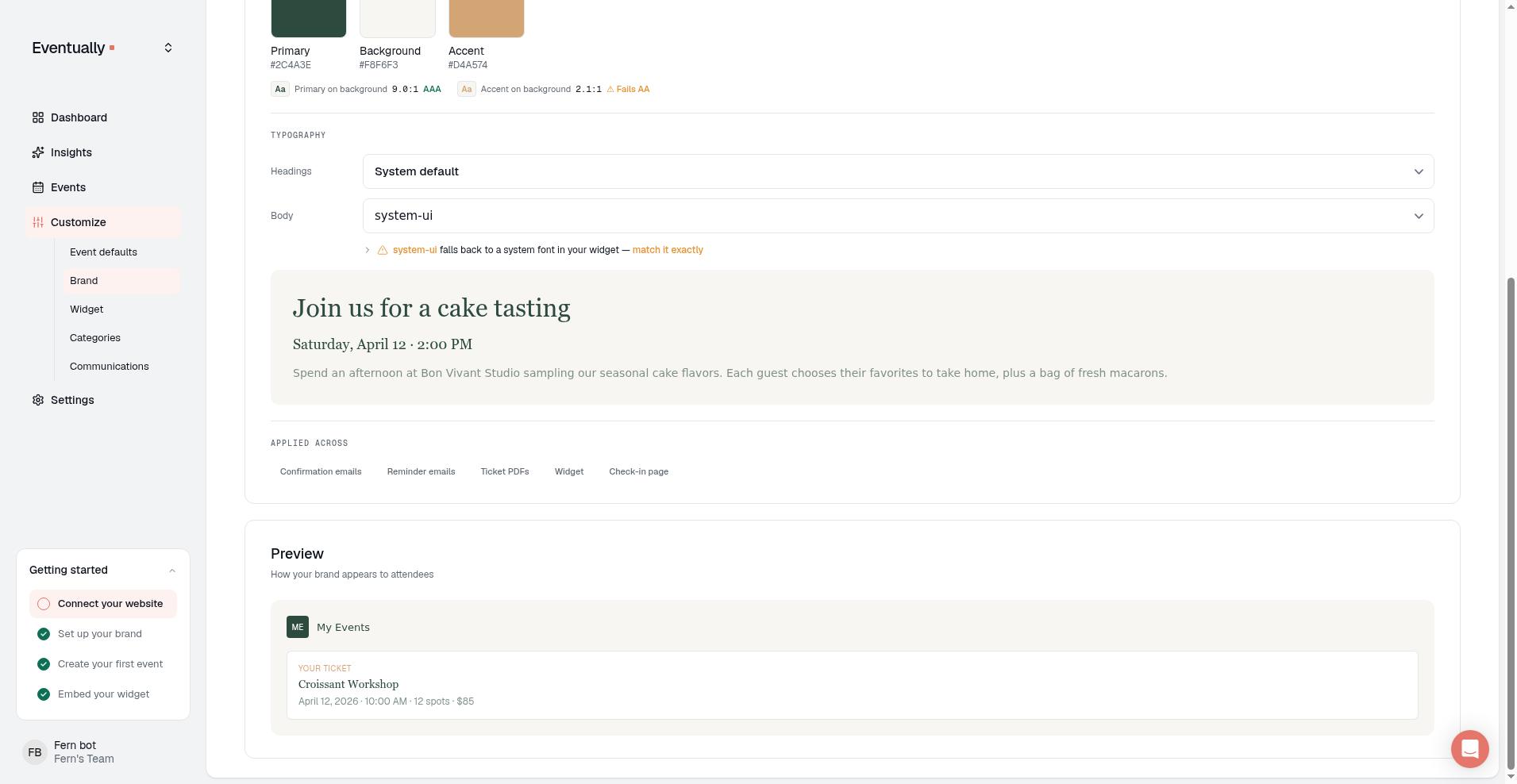 Brand settings page showing the Pulled from your site palette with role assignment checkmarks