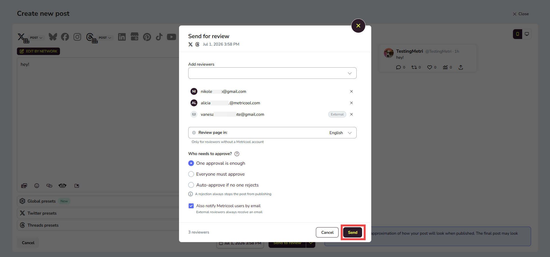 Janela modal Enviar para revisão a mostrar a seleção de revisores, os critérios de aprovação e as opções de notificação