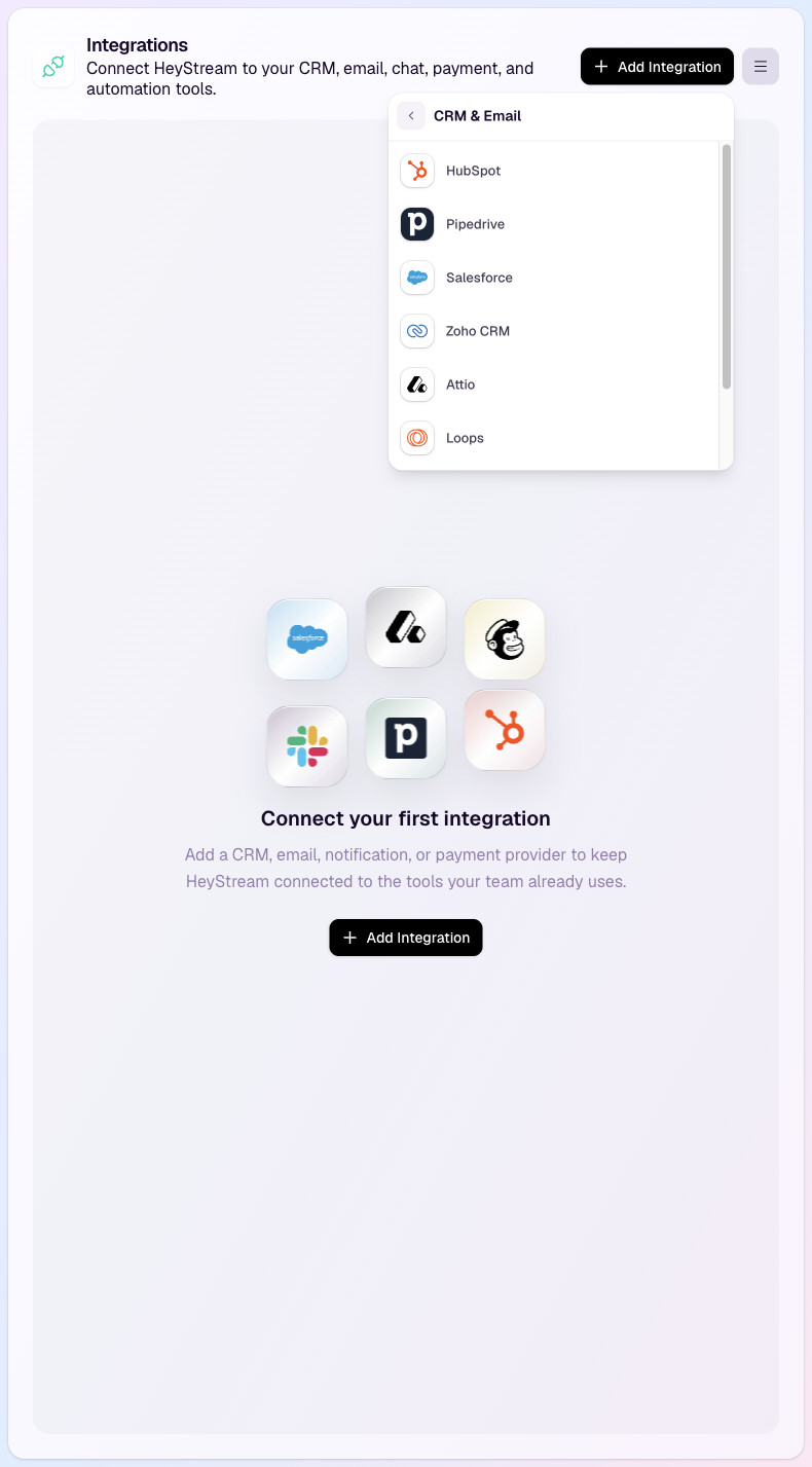 The HeyStream CRM and email integrations list showing available providers.