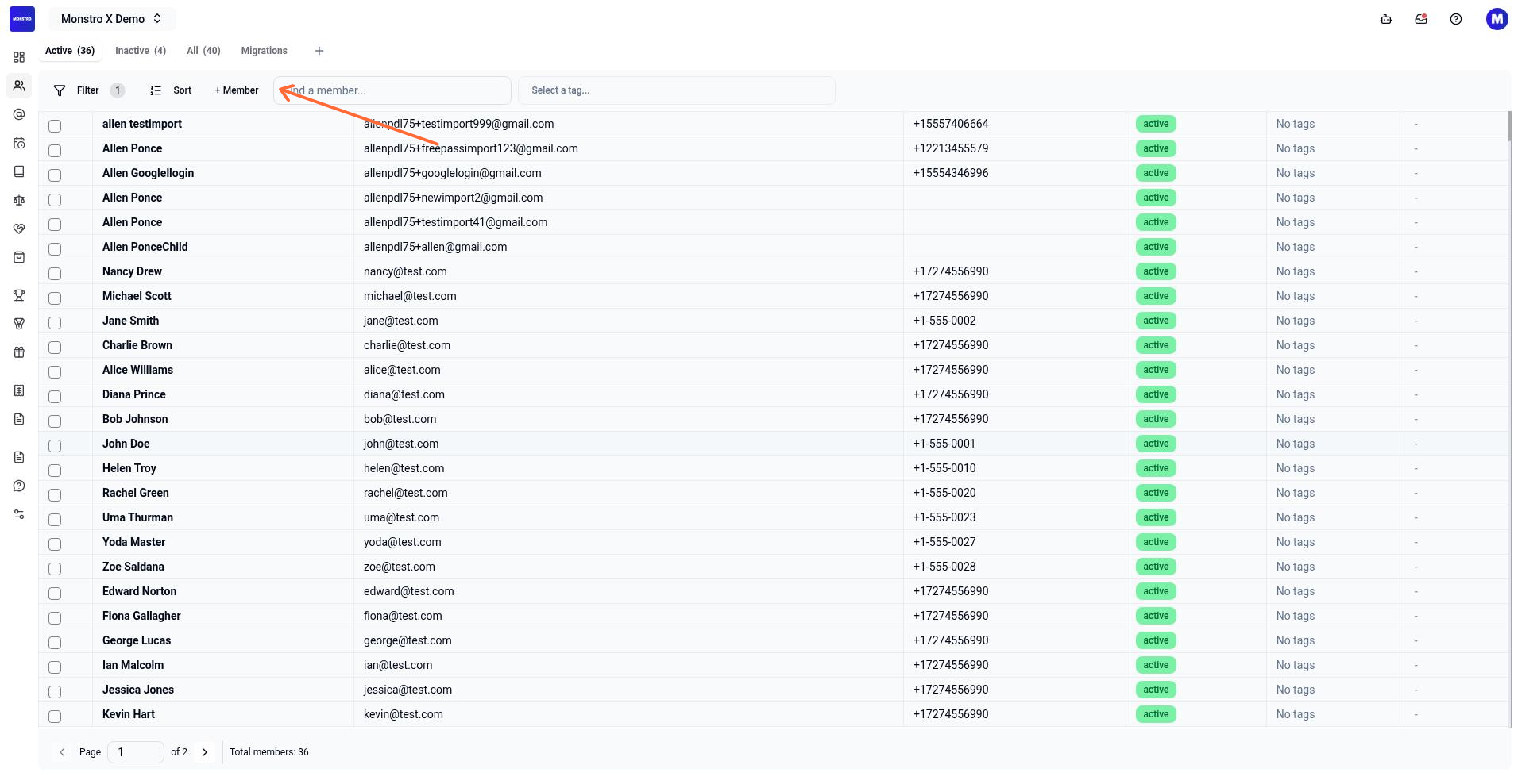 Members page showing the + Member button in the top right corner of the member list.