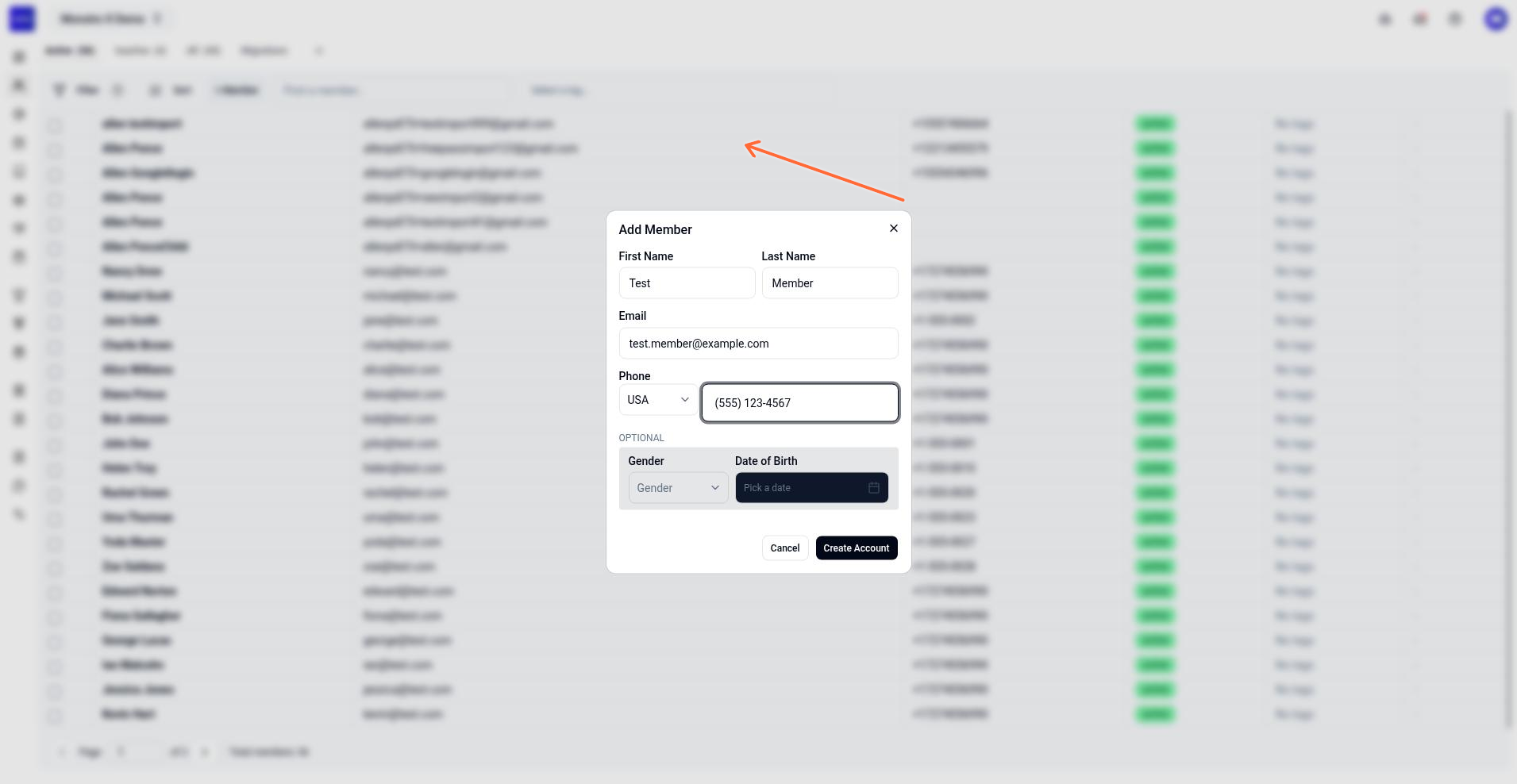 Add Member dialog with First Name, Last Name, Email, Phone, and other fields visible.