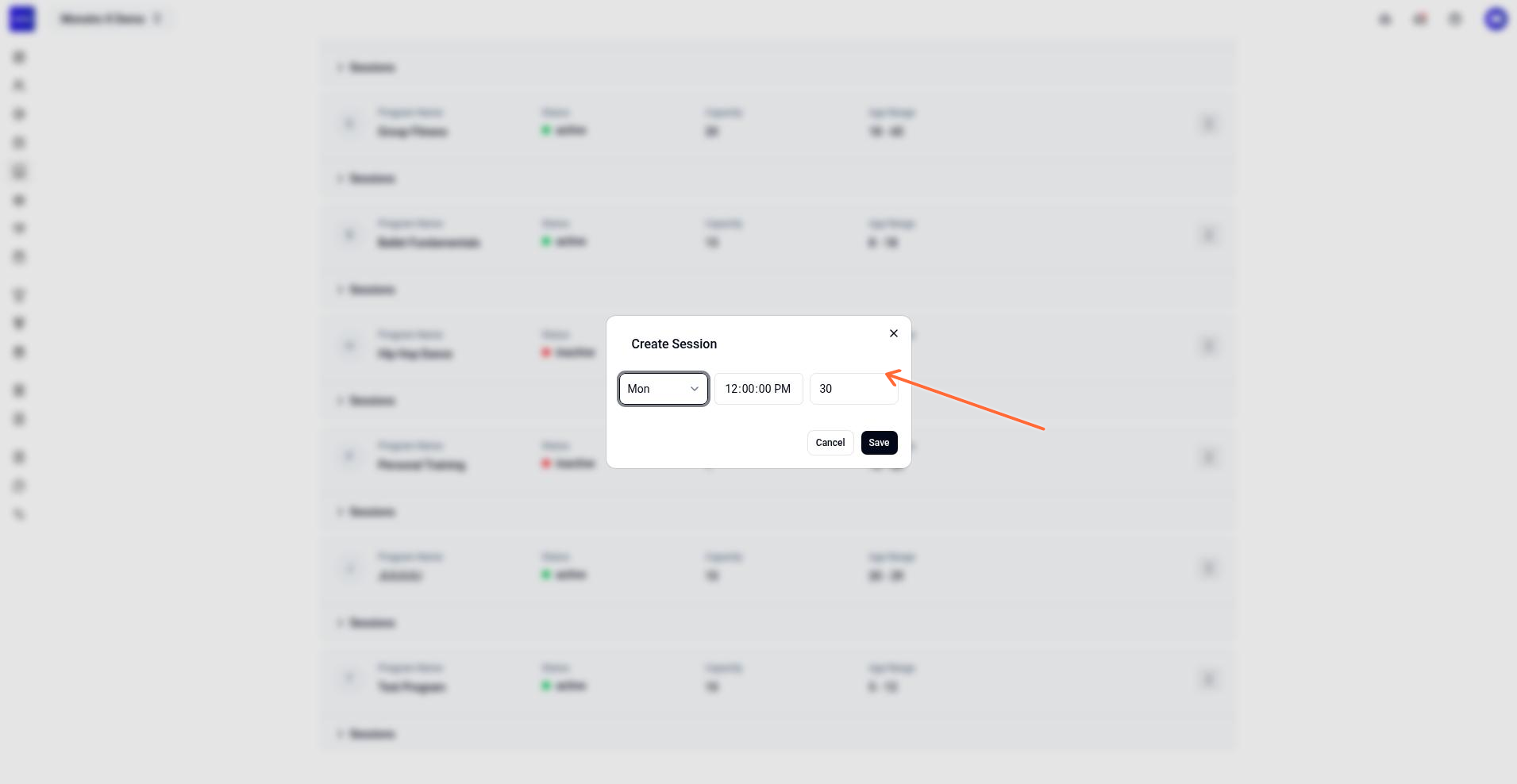 Create Session form showing Day, Time, and Duration fields.