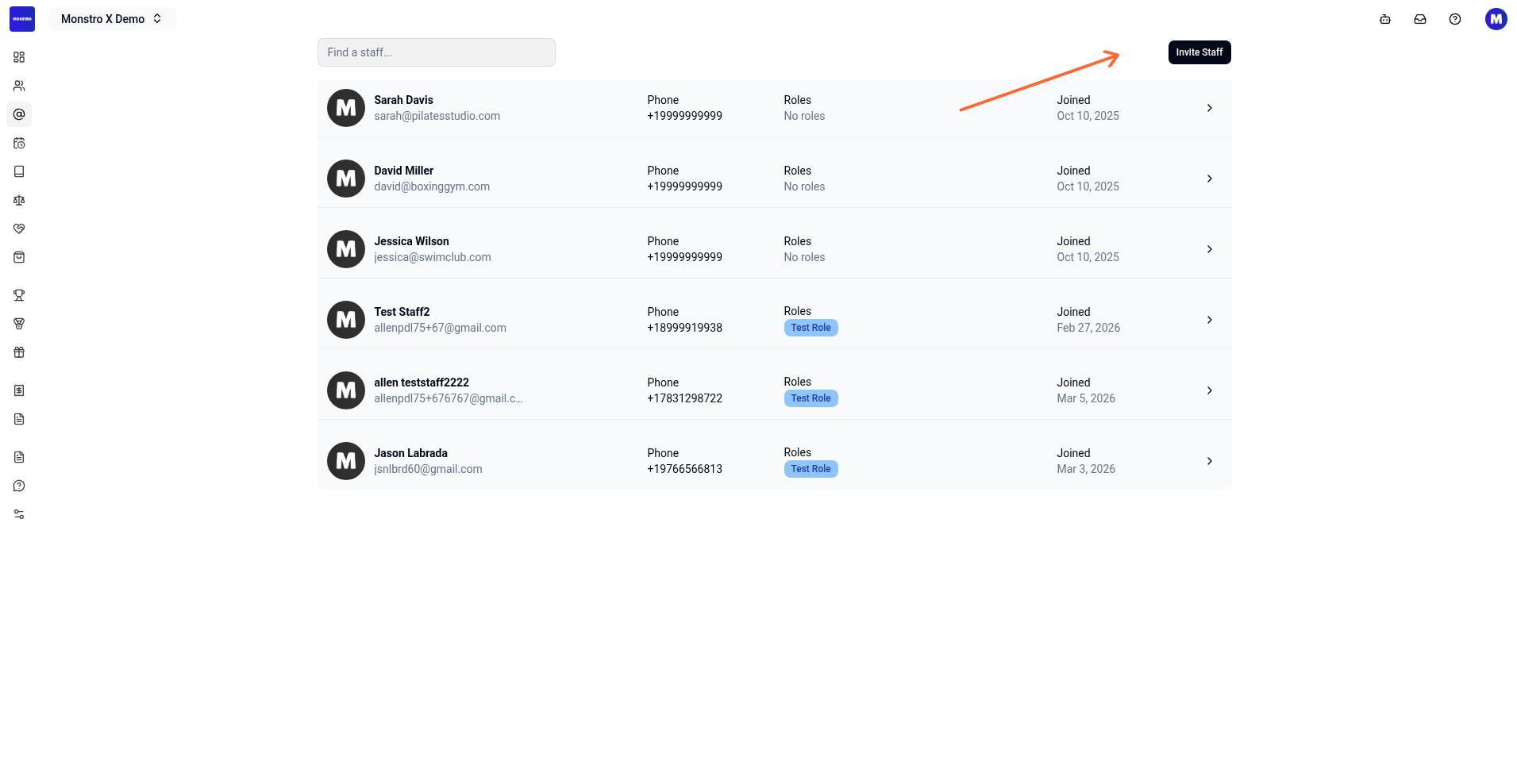 Staff list page showing the Invite Staff button next to the Find a staff input field.