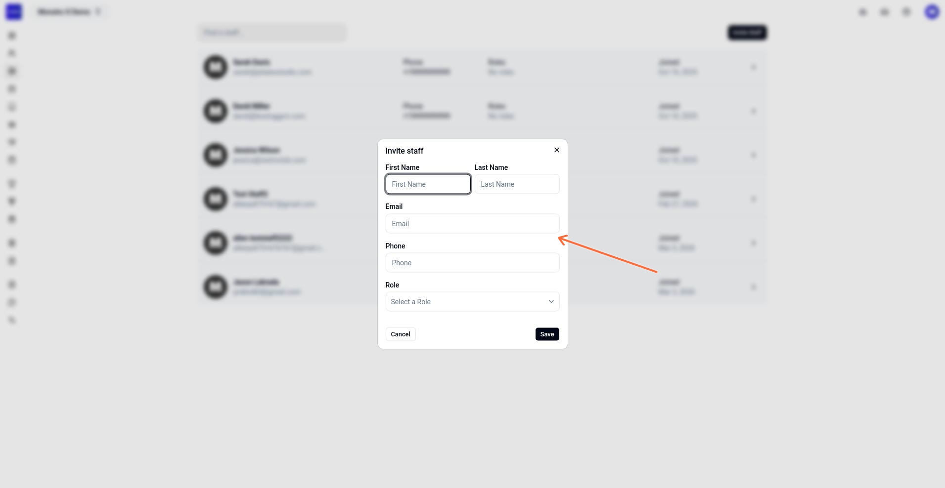 Invite staff dialog with First Name, Last Name, Email, Phone, and Role fields, plus Cancel and Save buttons.
