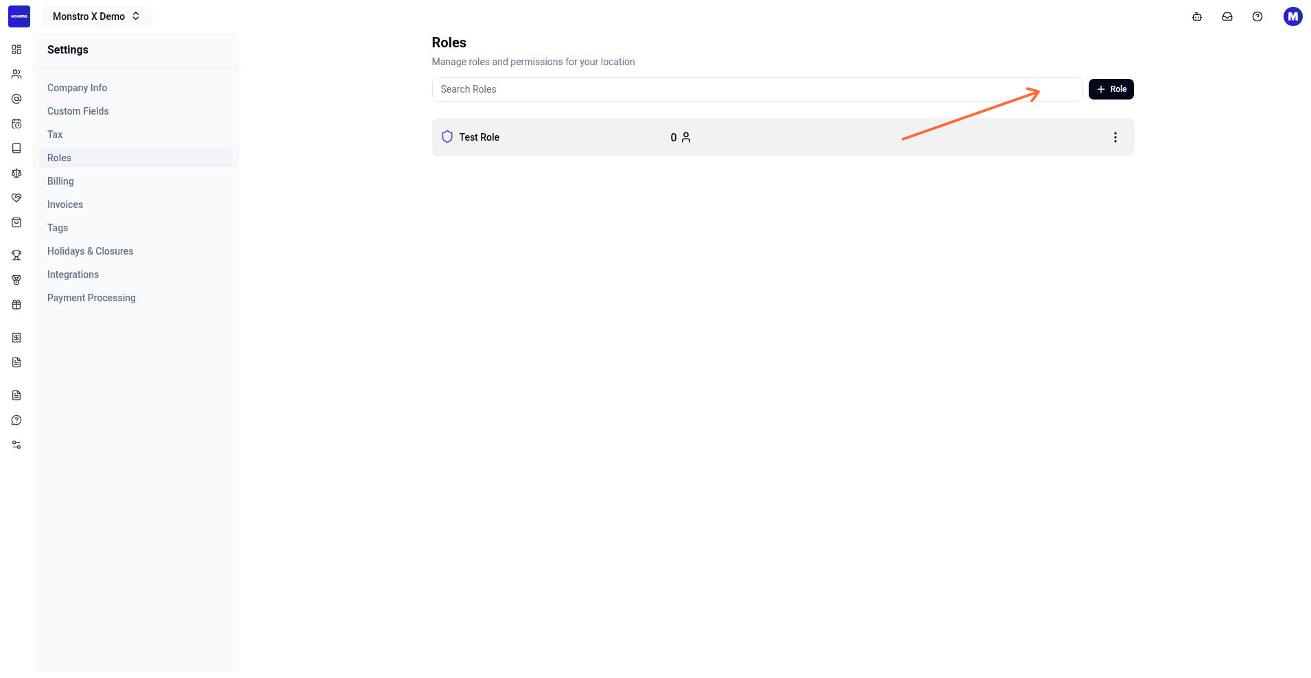 Roles settings page showing the roles list, Search Roles input, and + Role button.