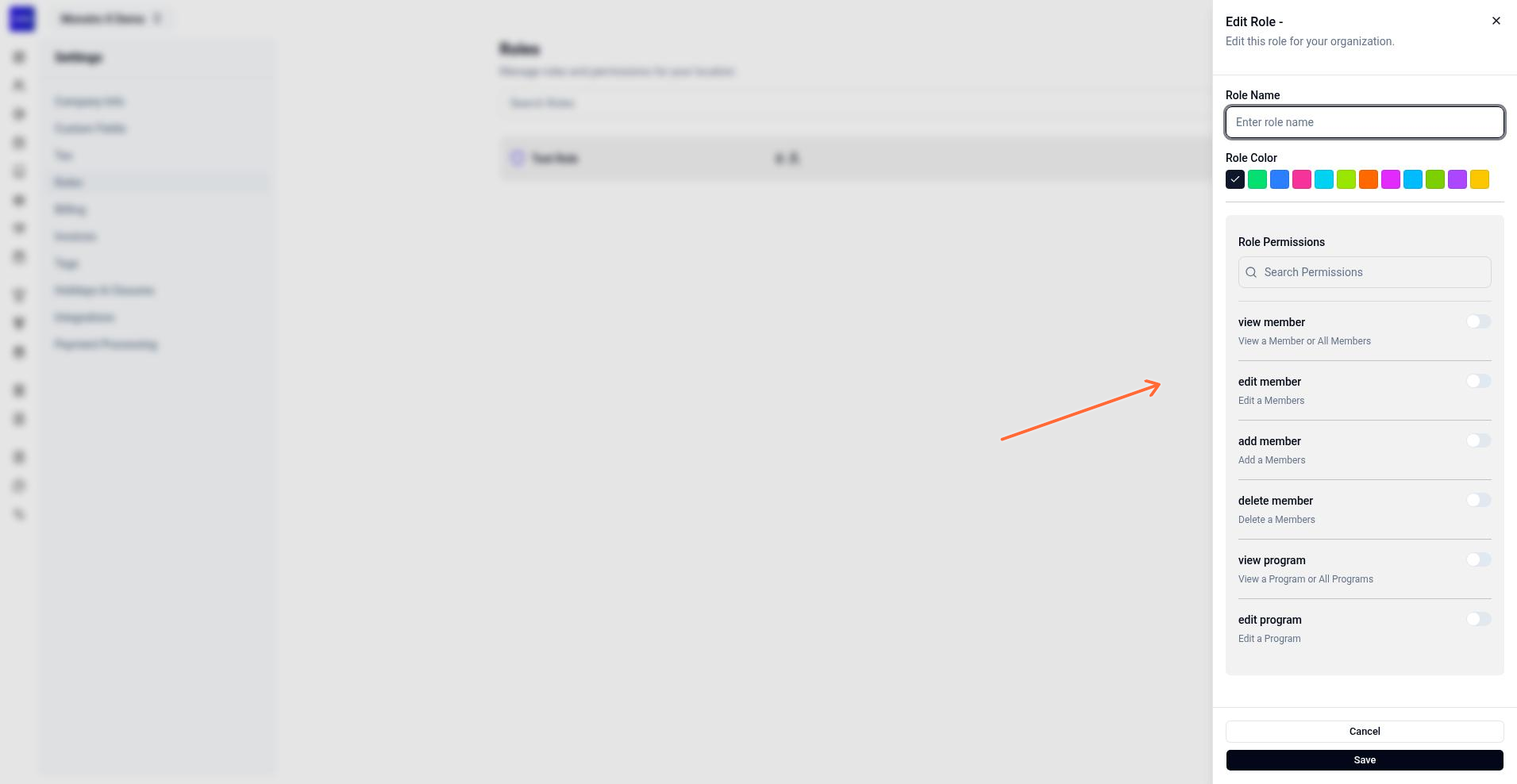 Edit Role sheet with Role Name and Role Color fields, and the Role Permissions section below.