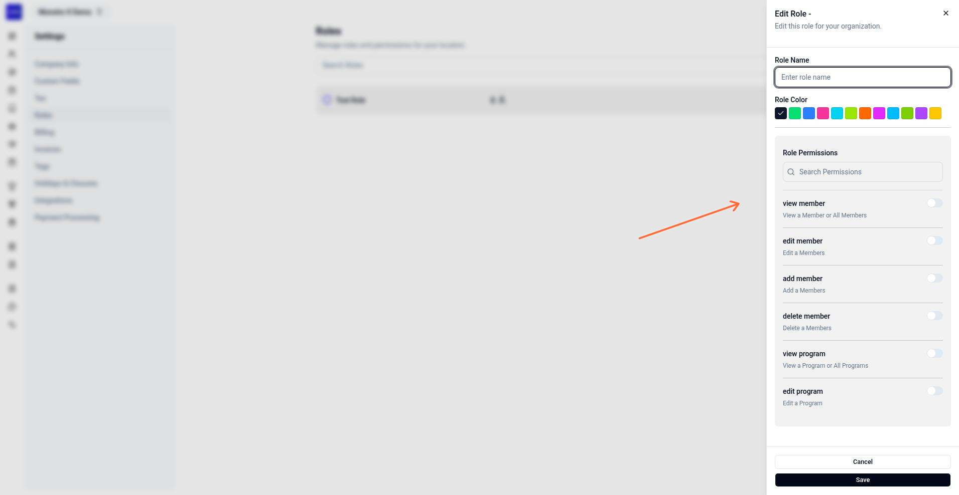 Role Permissions section showing permission switches with descriptions, such as view member with the description View a Member or All Members.