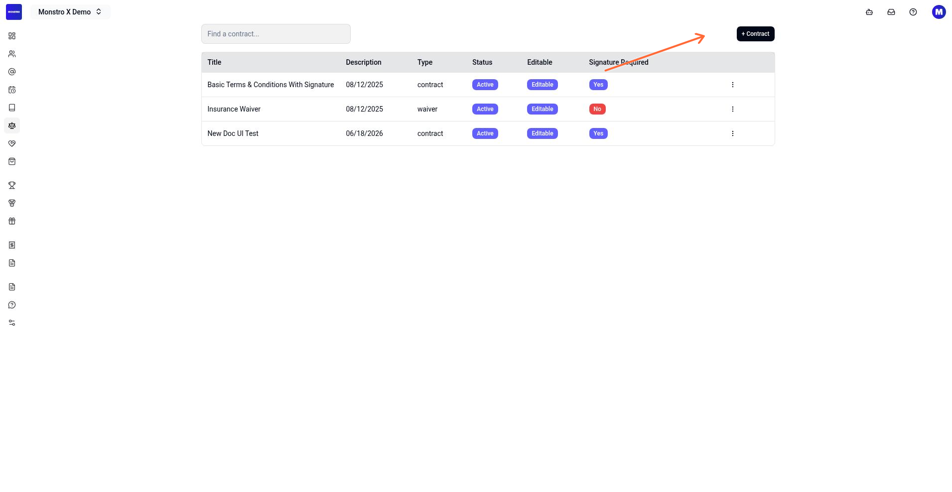 Templates page with the + Contract button