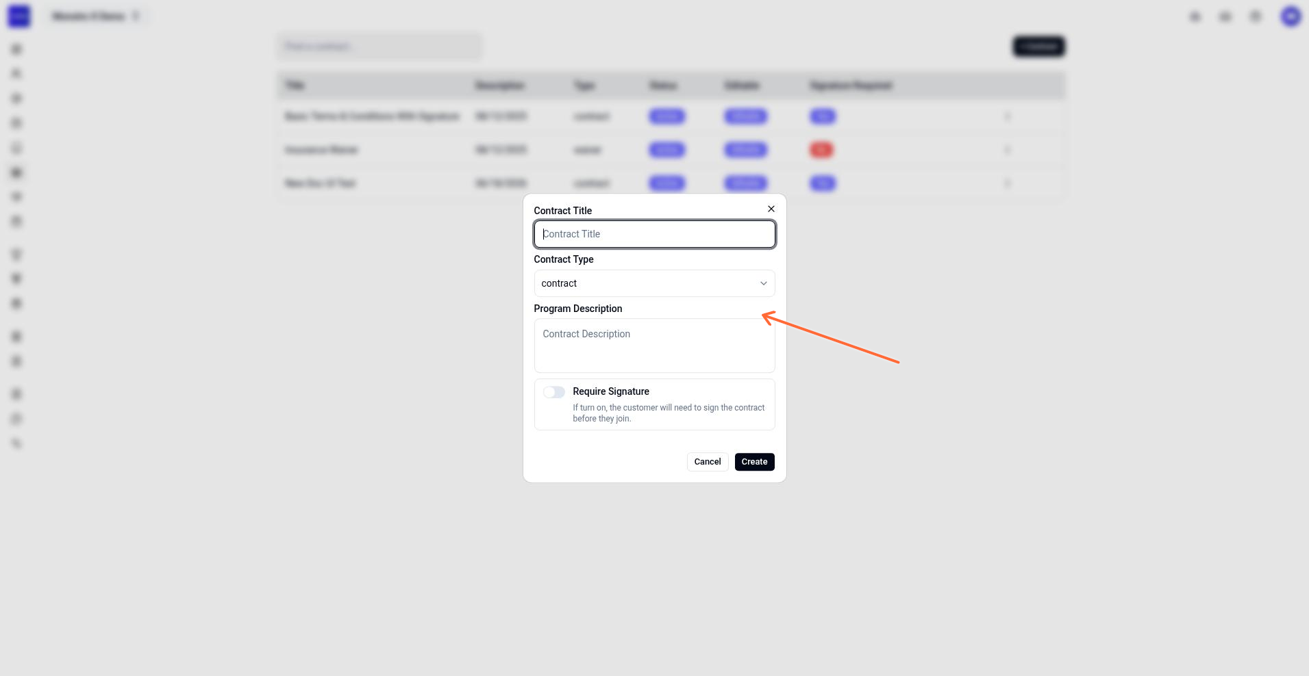 Create contract dialog with title, type, description, and signature toggle