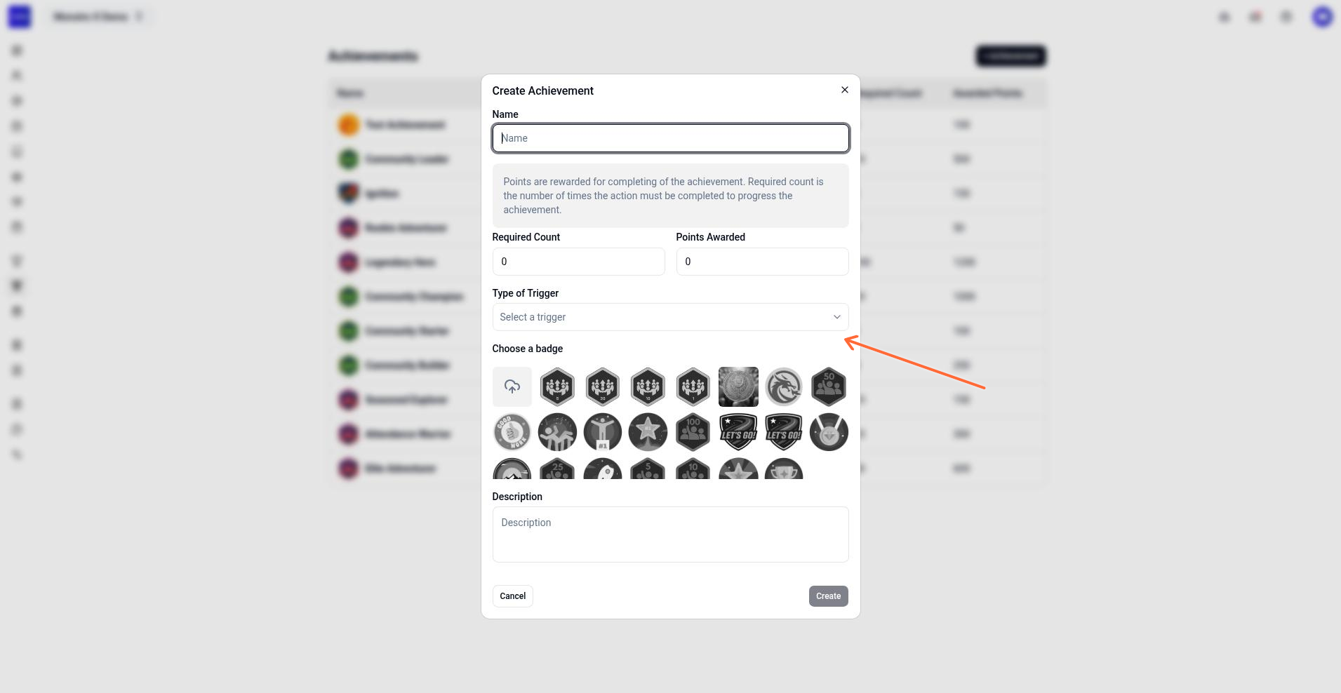 Create Achievement dialog showing fields for Name, Required Count, Points Awarded, Type of Trigger, Choose a badge, and Description.