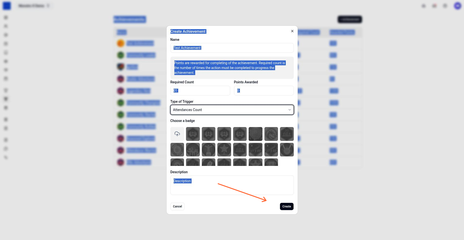 Create button active and ready to submit in the Create Achievement dialog.