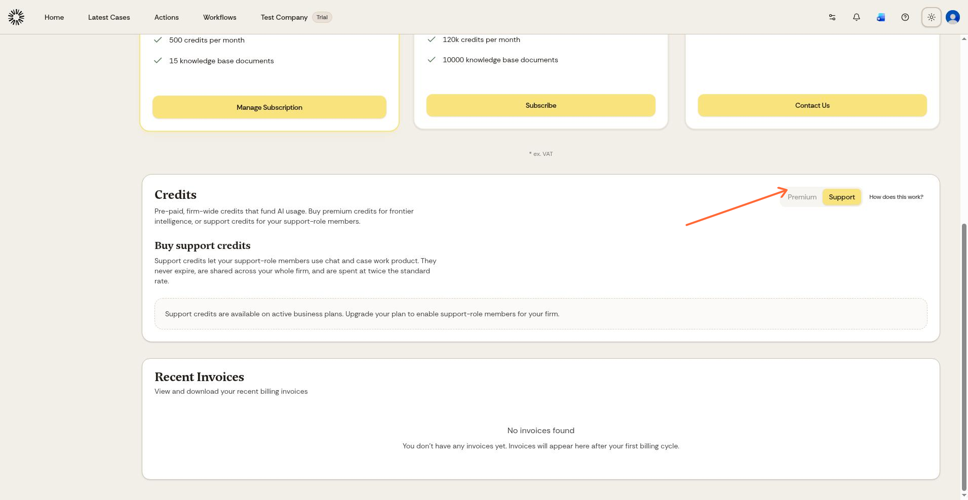 Billing page showing Credits section with Support tab selected