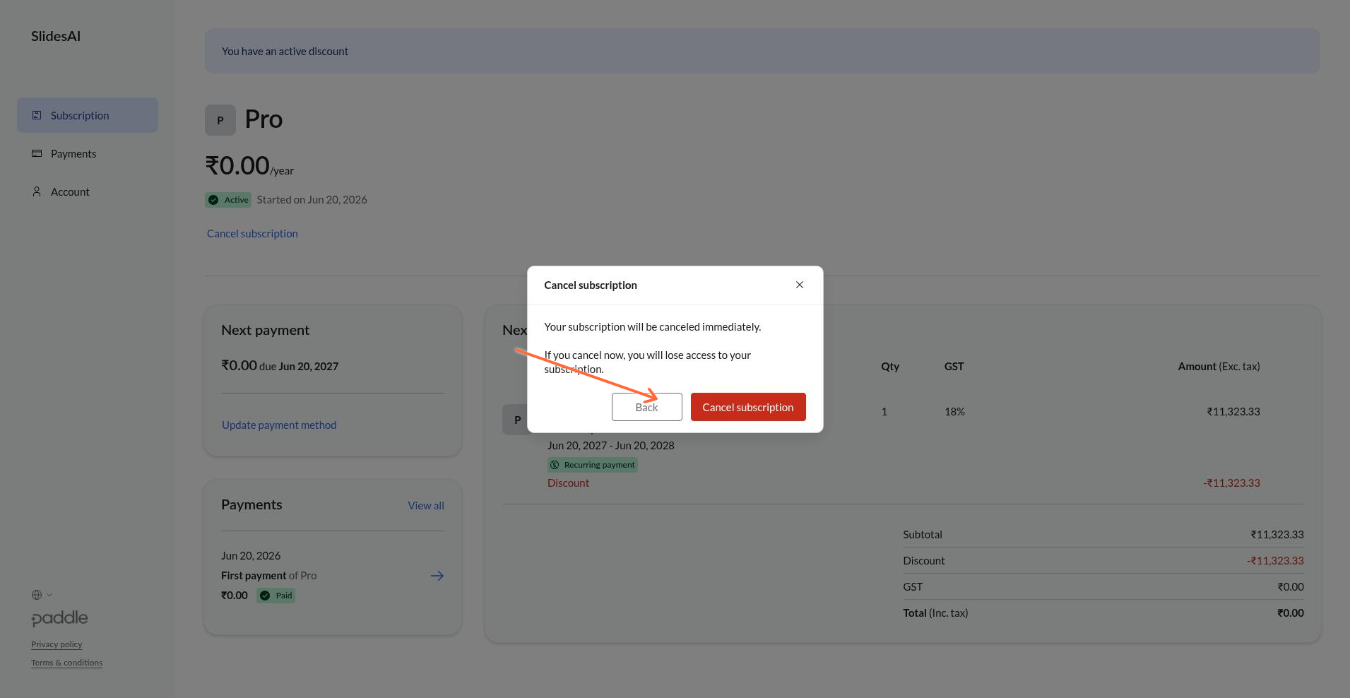 Paddle confirmation modal showing the Cancel subscription button