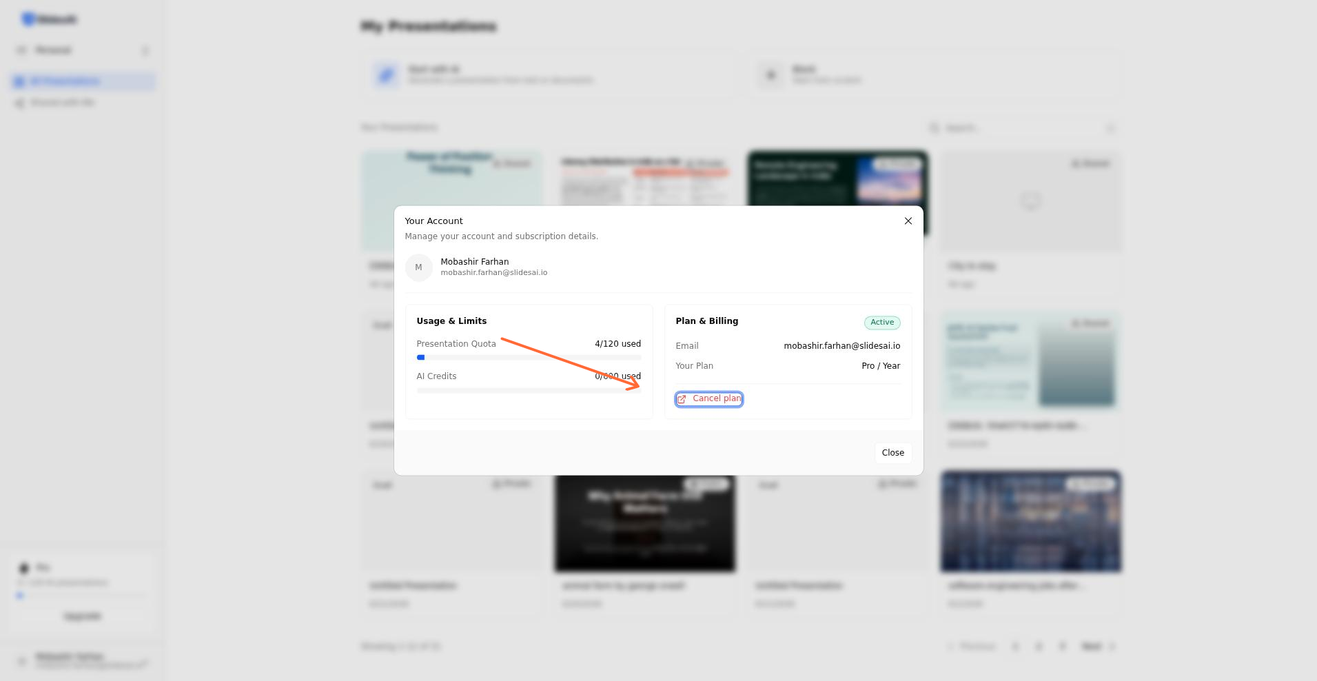 Account details modal showing the Cancel plan button