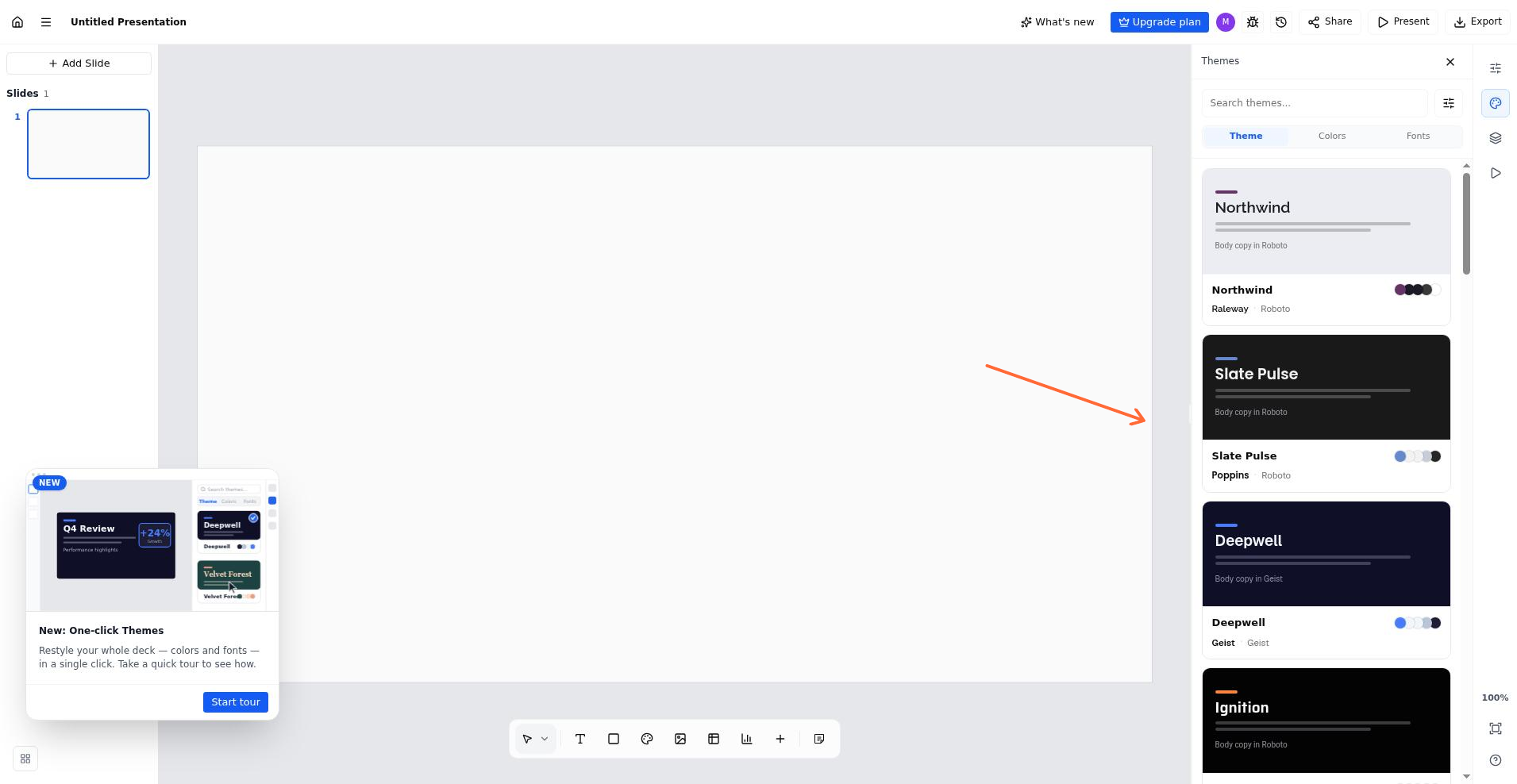 Themes panel in the SlidesAI Platform showing theme options