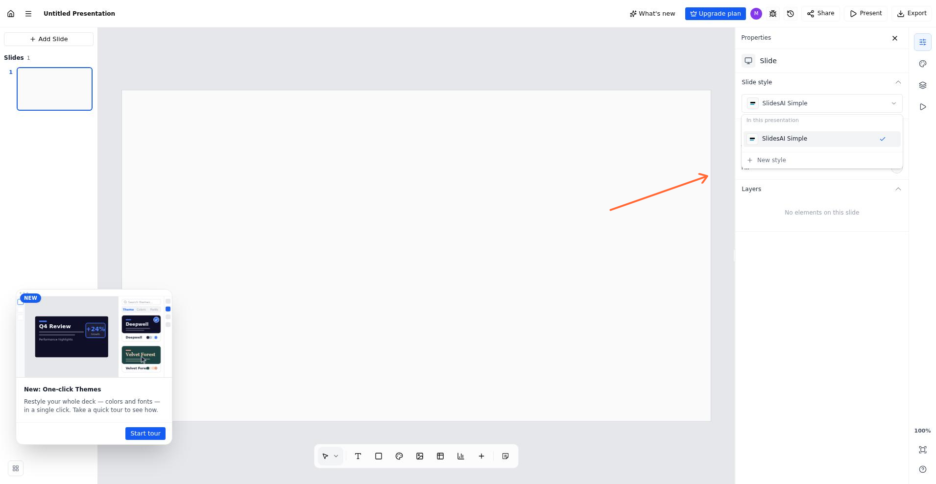 Slide style dropdown in the Properties panel