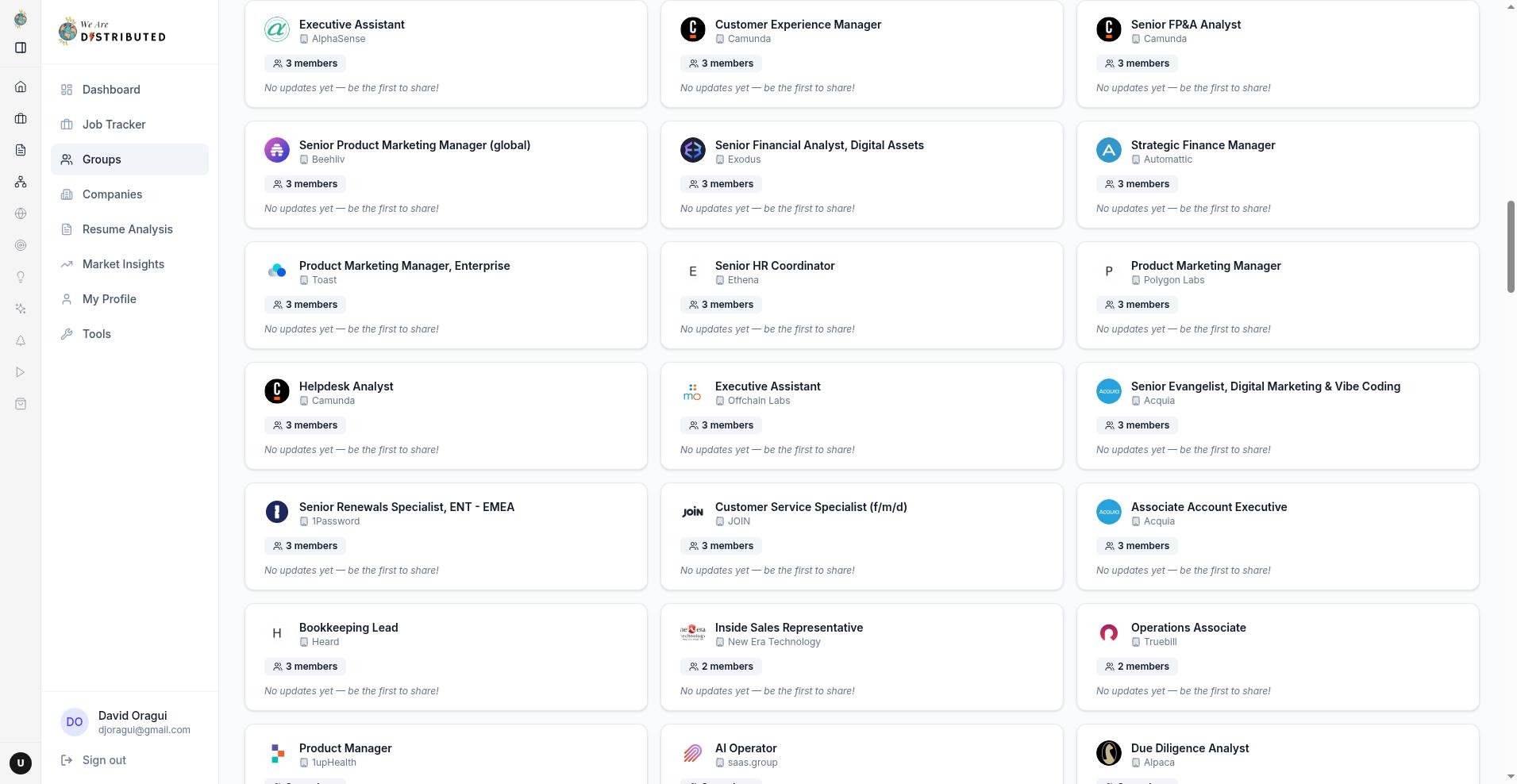 Job Search Groups page showing a list of support group cards